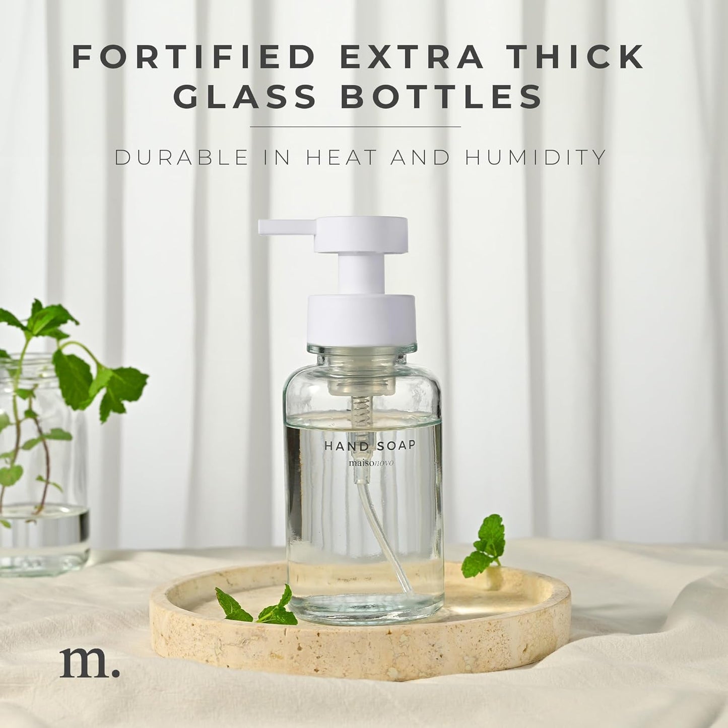 MaisoNovo Glass Foaming Hand Soap Dispenser 14 Oz | Clear Foaming Soap Dispenser Clear Bottle White Pump x 1 w/Labels