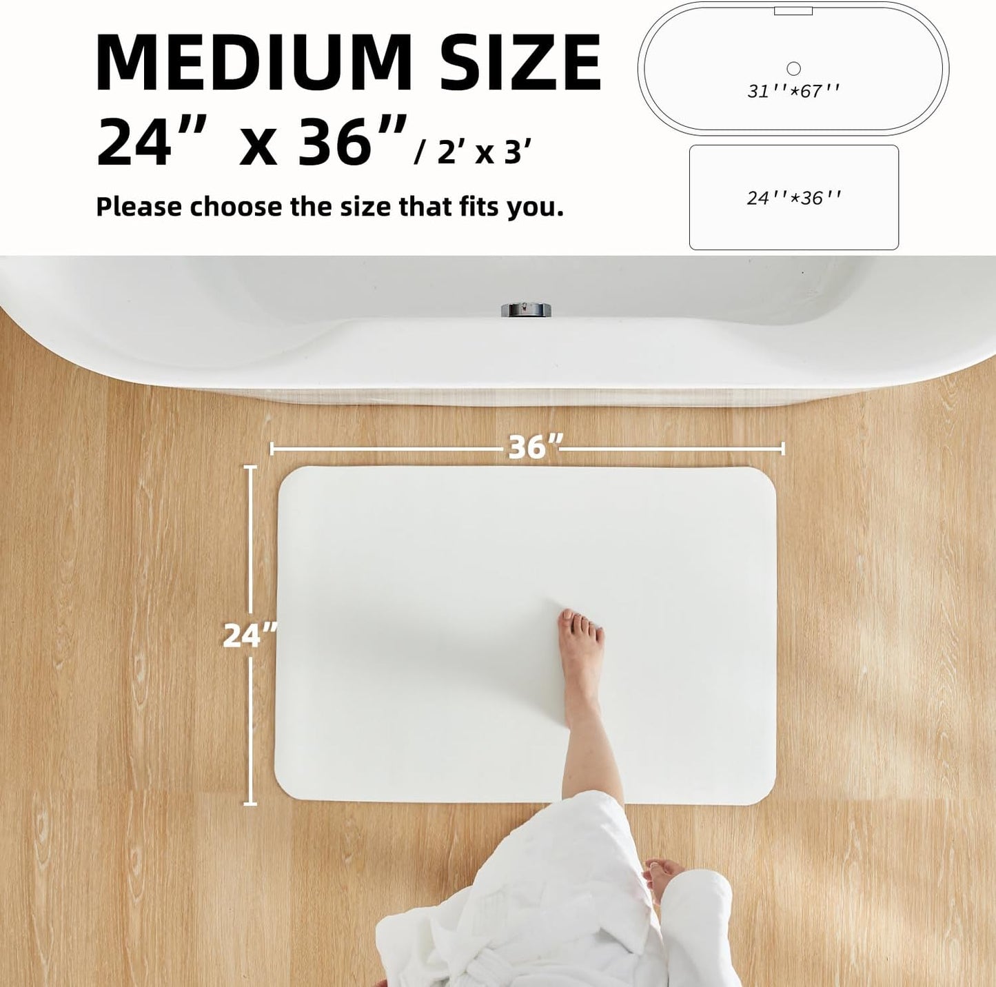 White Bath Mat, Bathroom Rugs Non Slip Washable Thin Absorbent Quick Dry Bath Mat Fits Under Door Bathroom Floor Mat Perfect for Bath, Shower, or Sink 24"x36" White