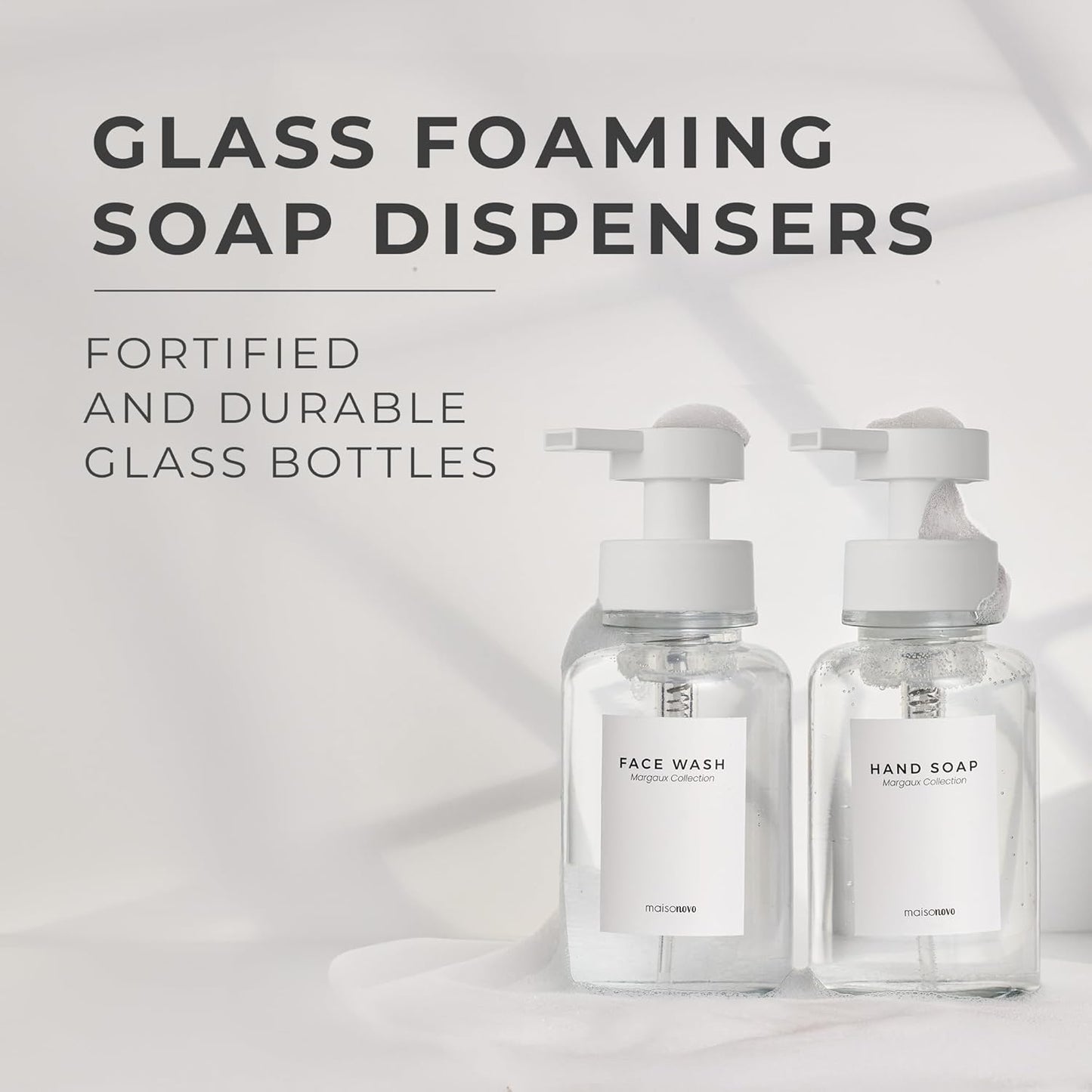 MaisoNovo Glass Foaming Soap Dispenser 14 Oz | Clear Glass White Plastic Pumps x 2