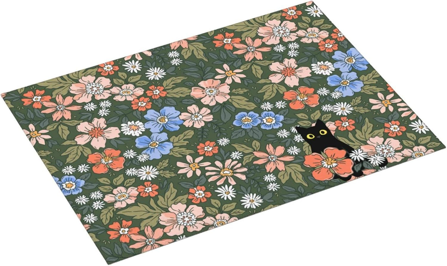 Black Cat Floral Dish Drying Mat For Kitchen Counter Absorbent Large Kitchen Fast Dry Pad Reusable Washable Protector Rack Large Mat 18 X 24