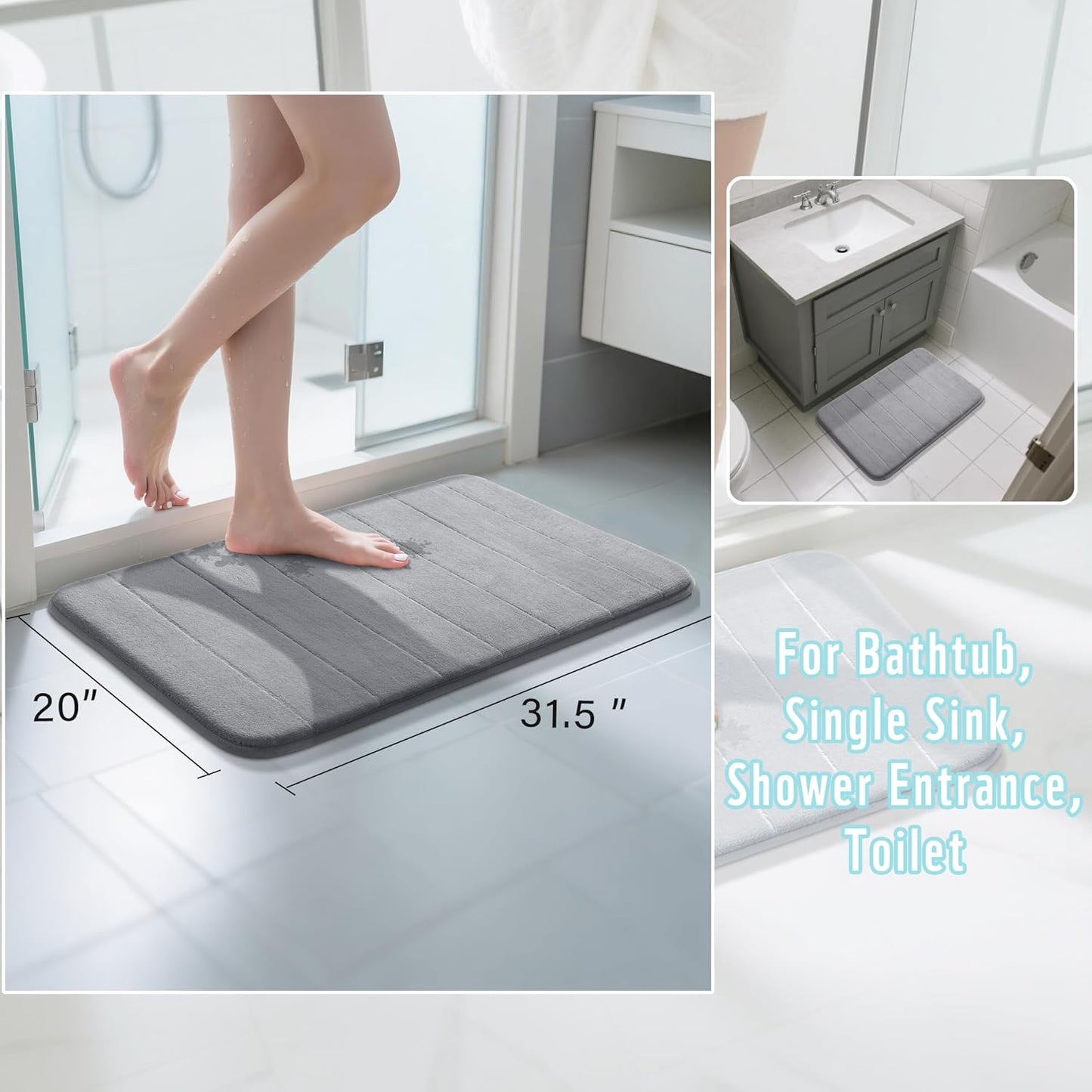 Yimobra Memory Foam Bath Mat, Super Soft Absorbent Bathroom Rug Non Slip 31.5x20 Inch, Quick Dry, Machine Washable Floor Carpet for Tub Shower, Home Decor Accessories, Gray