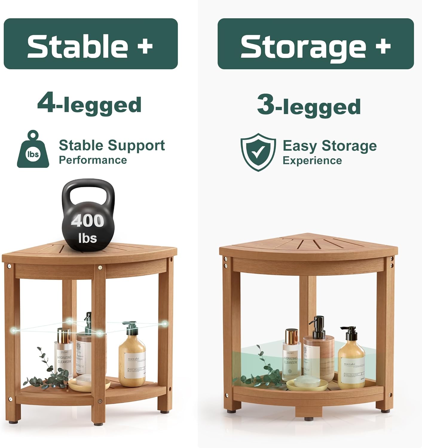 Corner Shower Stool for Inside Shower, HIPS Waterproof Shower Bench Seat Chair, Plastic Bath Shower Stool for Shaving Legs Foot Rest with Storage Shelf, Adjustable & Non-Slip Feet, Teak Brown