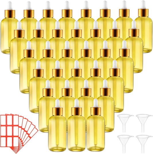 Dandat 50 Pack 4 oz Glass Dropper Bottles Leakproof 120 ml Glass Tincture Bottles with Eye Droppers, 4 Funnels, 54 Labels for Essential Oil Perfumes Hair Oil(Yellow)