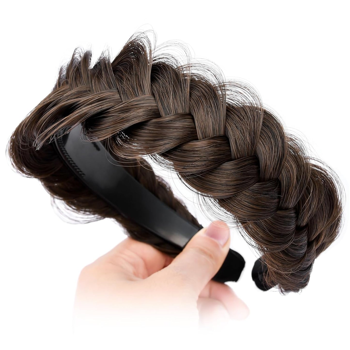 DIGUAN Wide Messy Braided Headband With Teeth Synthetic Hair Plaited Headband High Elasticity Braids Chunky Fishtail Braided Hair Band Hairpiece for Girls Women Beauty Accessory (Copper Brown)