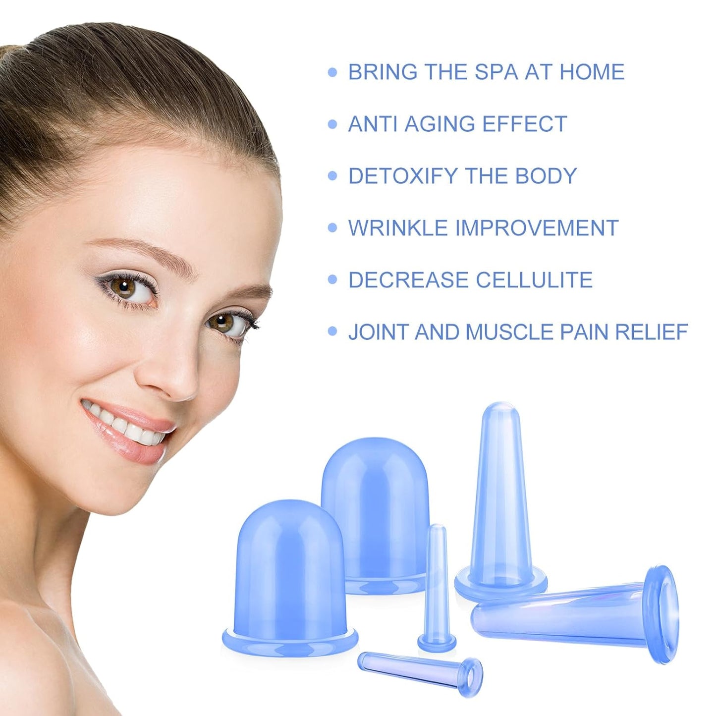 BBTO Silicone Facial Cupping Set, Vacuum Massage Cup Kit for Body, Face, Neck, Back, and Eye, 6 Cups and Exfoliating Brush(Blue)