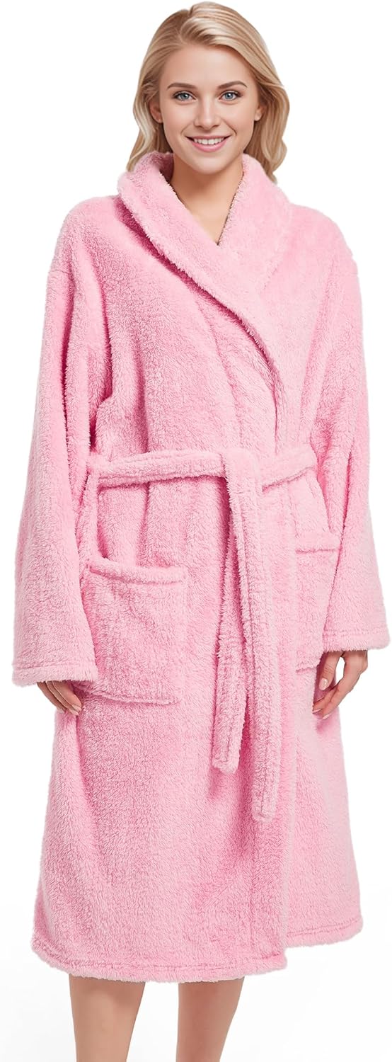 Inner Wish Womens Plush Fleece Robe, Cozy Warm Bathrobe Fuzzy Female Spa Robe With Pockets
