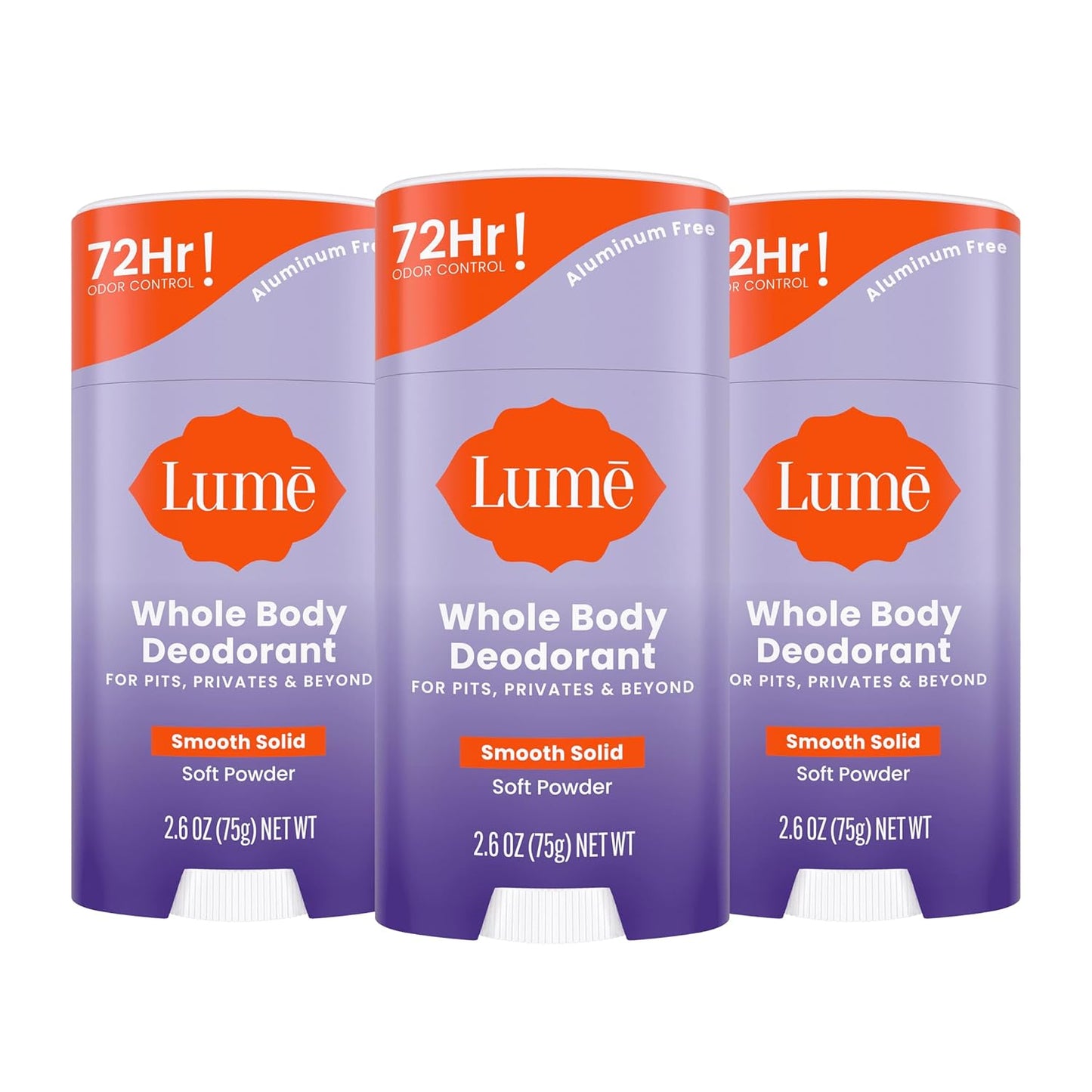 Lume Whole Body Deodorant - Smooth Solid Stick - 72 Hour Odor Control - Aluminum Free, Baking Soda Free and Skin Loving - 2.6 Ounce (Pack of 3) (Soft Powder)
