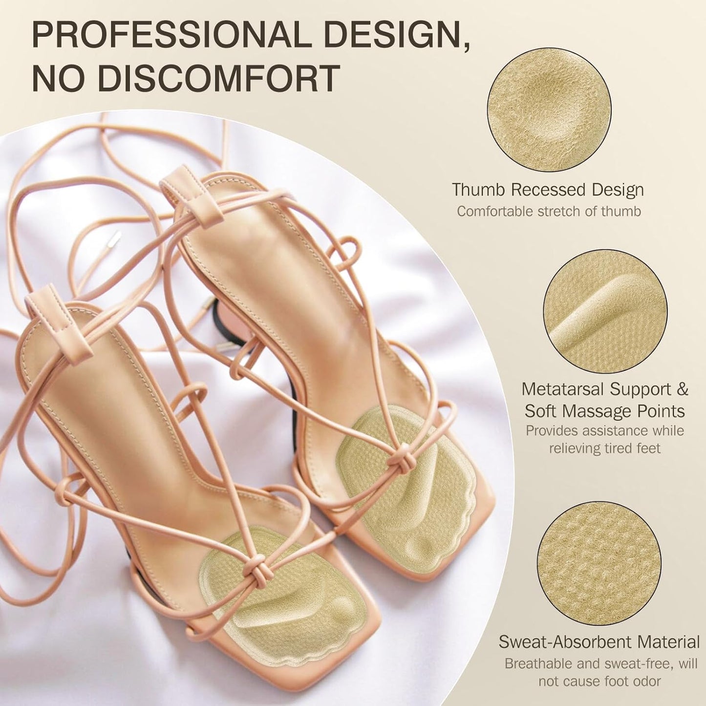 Metatarsal Pads Women, Gel Ball of Foot Cushions for Pain Relief in Shoes, Non-Slip Heel Inserts, One Size Fits All (2 Pair, Beige)