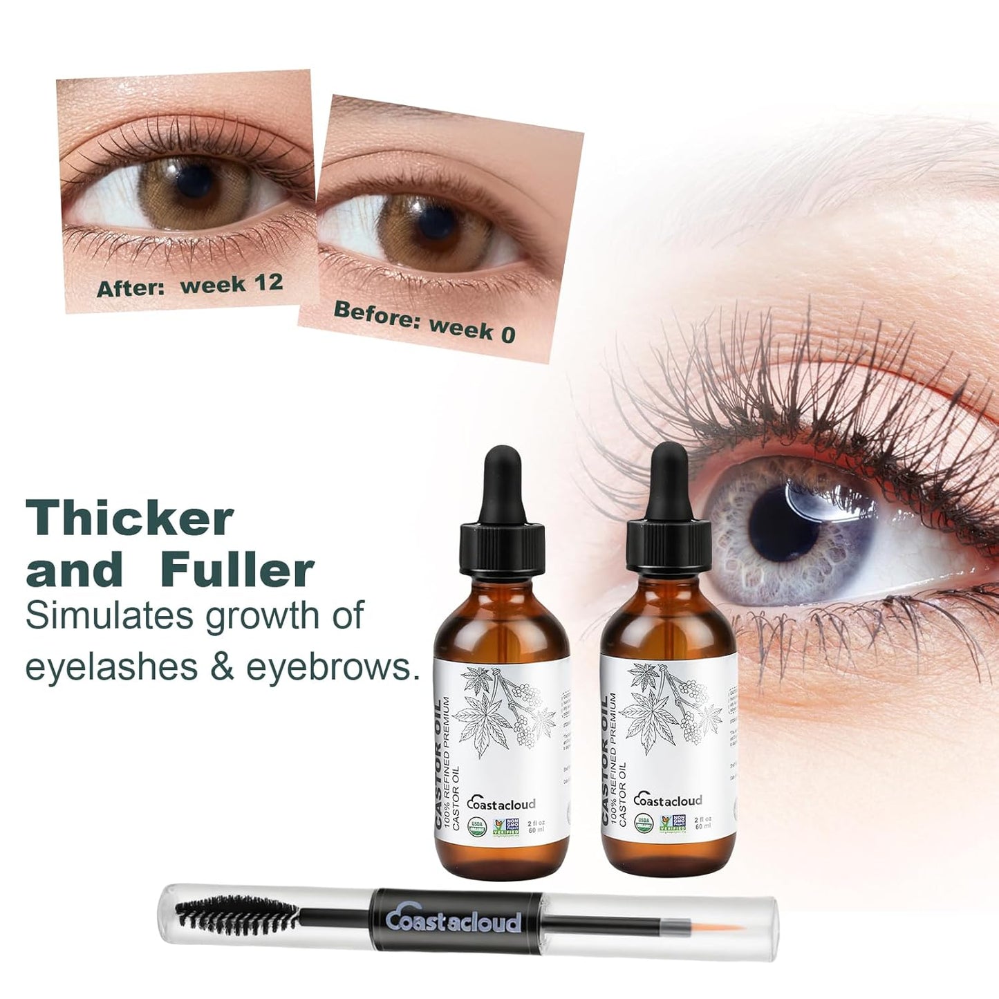 Castor Oil Organic 2oz x 2PCS with Mascara Tube, 100% Pure Hexane-Free Lash Serum, Eyebrow Eyelash Growth Serum for Nail Hair Care, Skin Moisturizer, Glass Dropper Bottle