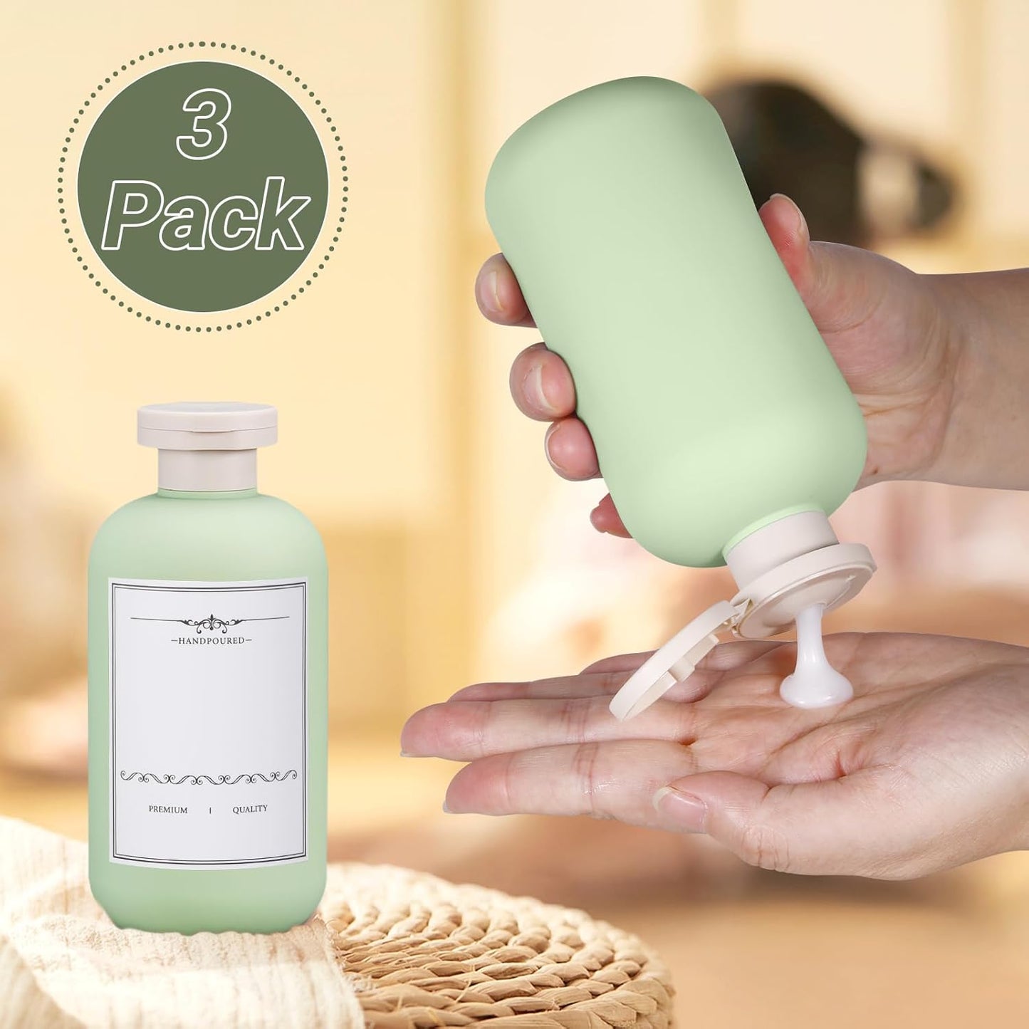 10oz Travel Shampoo Bottle, Empty Plastic Squeeze Bottles with Flip Cap, Lotion Container for Toiletries Travel Size Shampoo and Conditioner (3 pack green)