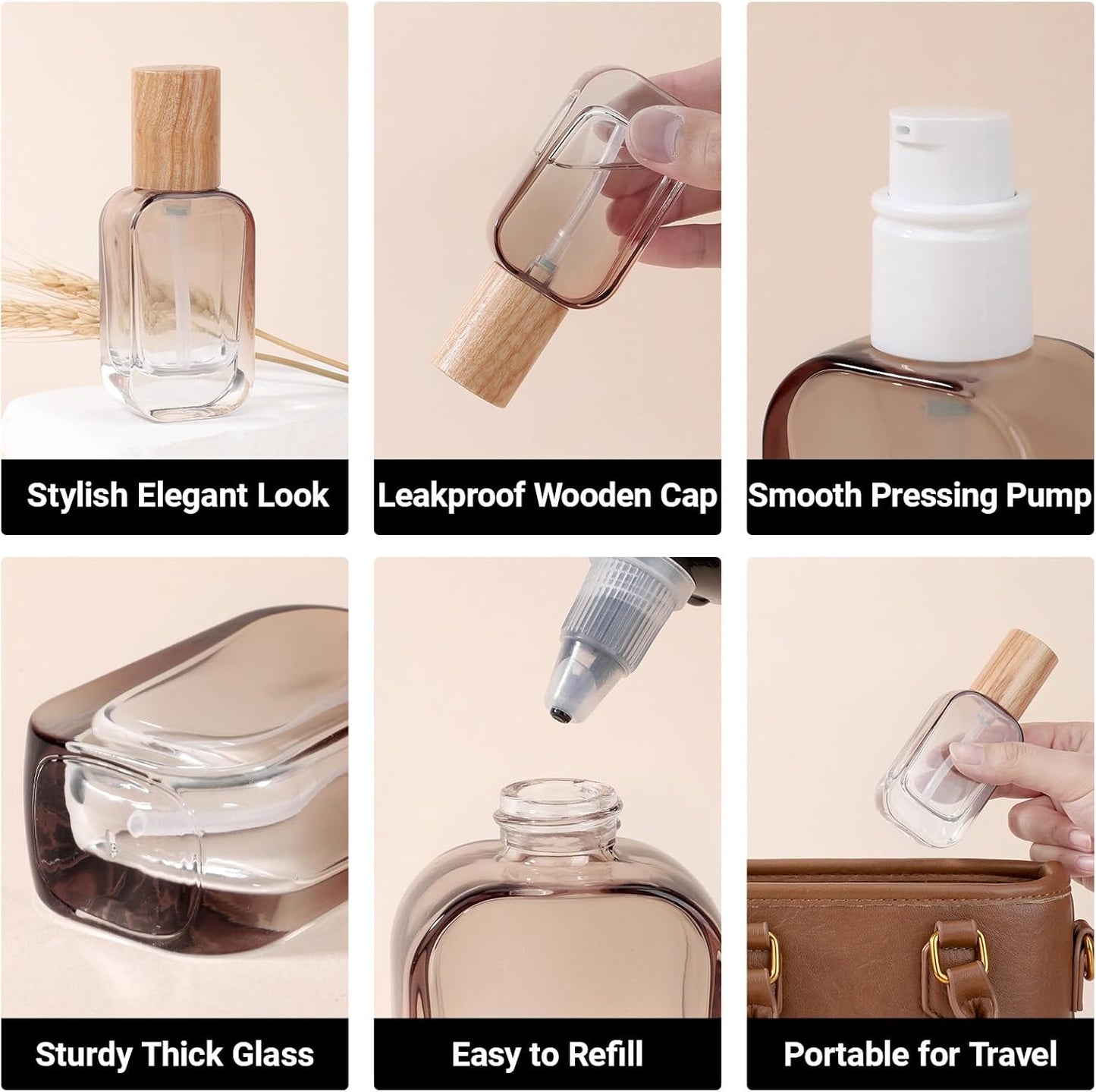 Segbeauty 1oz Glass Empty Lotion Bottles, 4pcs Small Travel Size Containers for Creams, 30ml Mini Lotion Pump Bottle Refillable Pumps Dispenser, Gray Brown Liquid Dispenser with Pump for Travel