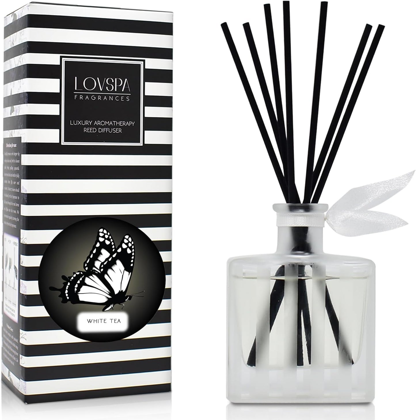 LOVSPA Reed Diffuser Set, White Tea Scented Oil Diffuser with Sticks, Home Fragrance Accessories for Bathroom Shelf Decor, Aroma Diffusers for Home or Office Desk, USA Made
