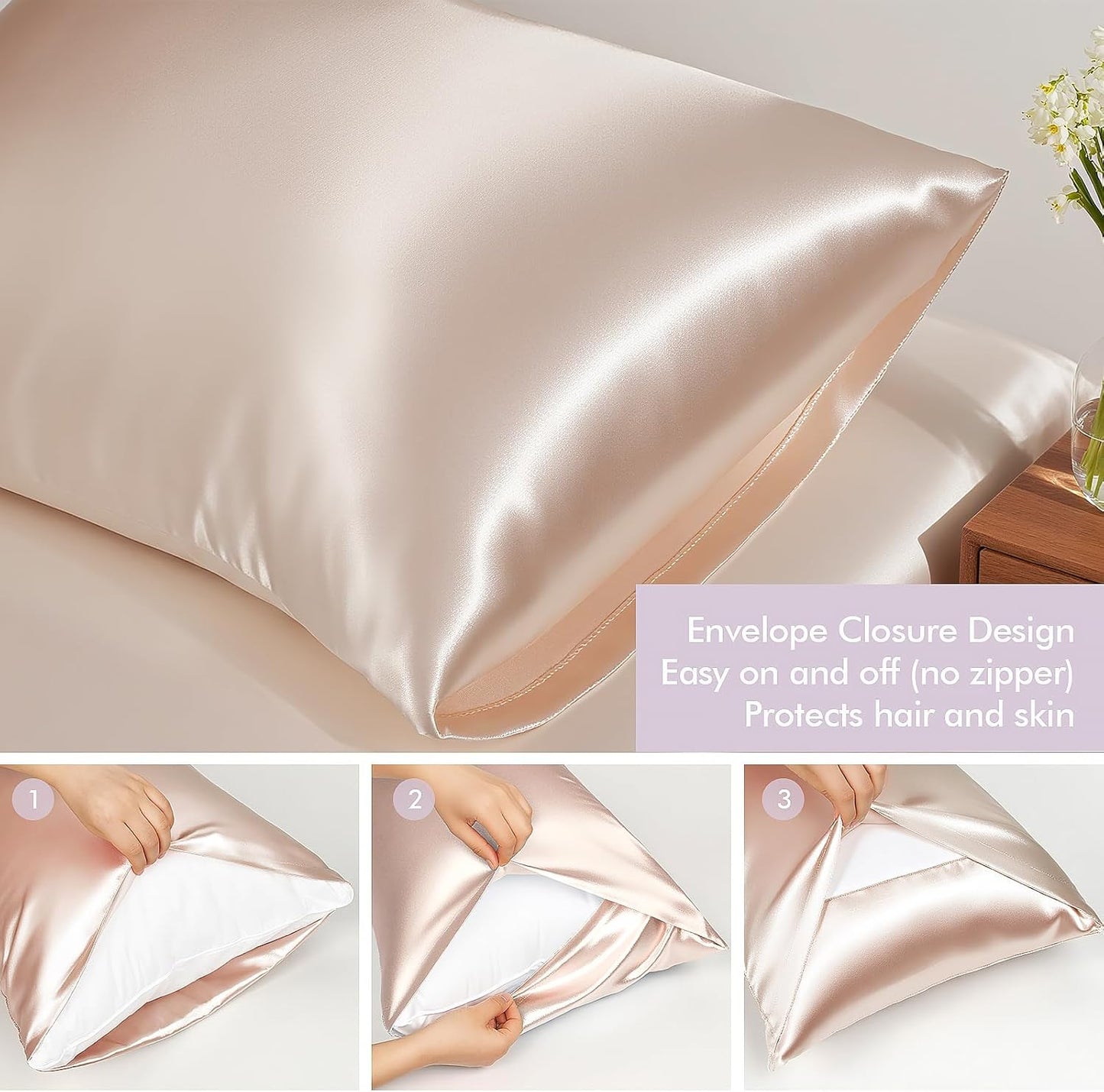 Vegan Silk Sleep Set, Vegan Silk Pillowcase with Large Scrunchie and Eye Mask for Hair and Skin, Self Care Essential Satin Night Routine Kit (Light Pink Color)