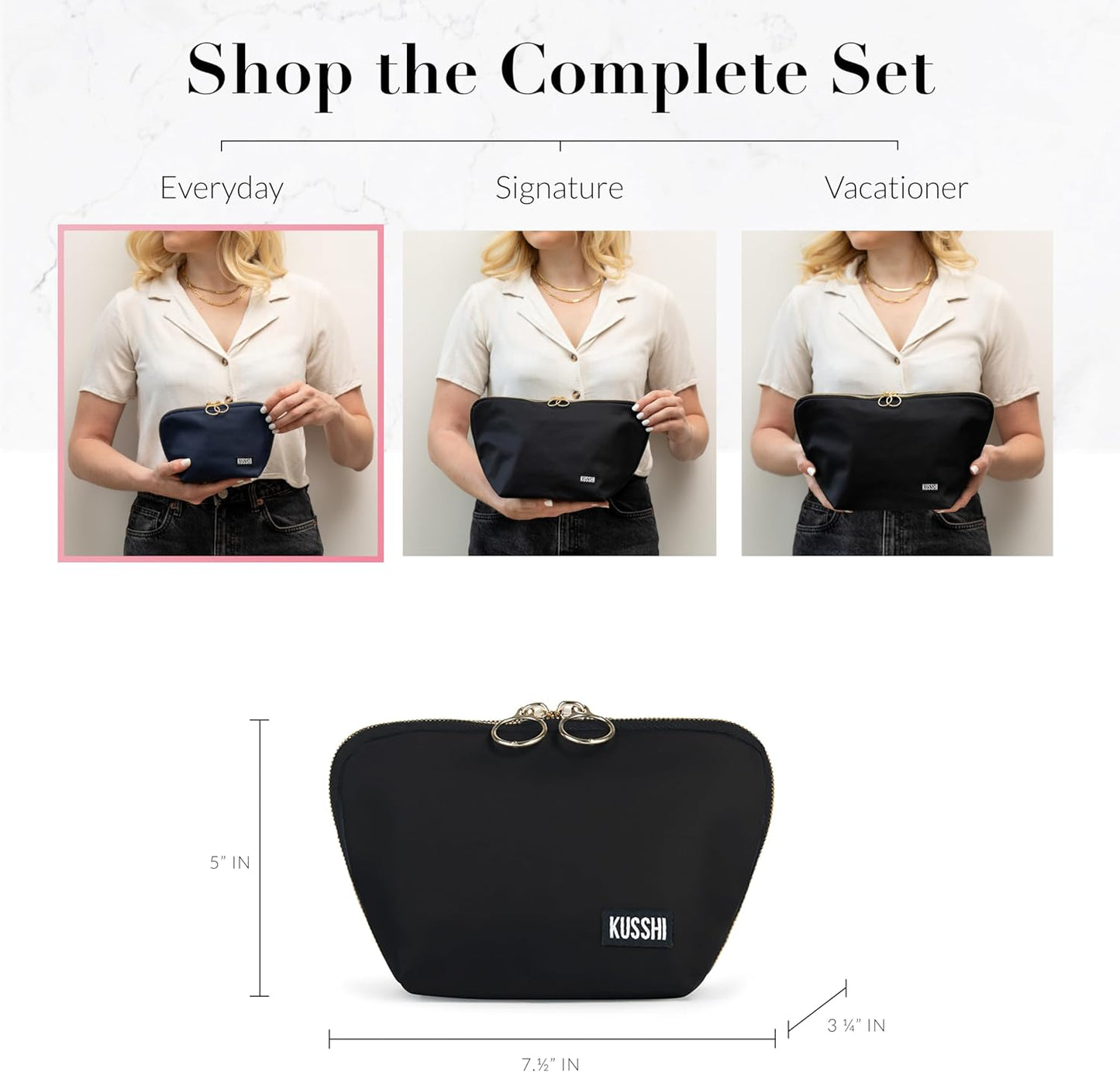 KUSSHI Washable Travel Makeup Bag for Purse (Everyday, Satin Black/Pink)
