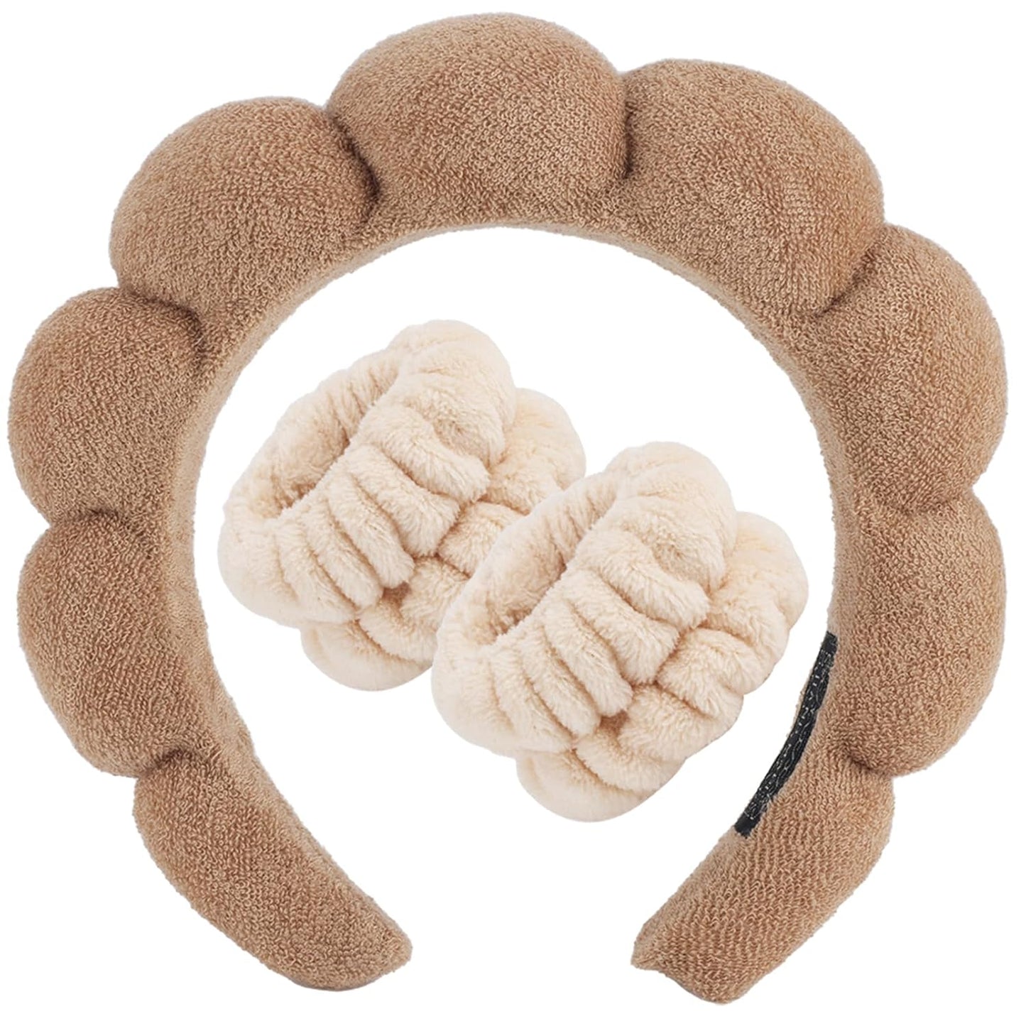 Zkptops Spa Headband for Washing Face Wristband Set Sponge Makeup Skincare Terry Cloth Bubble Soft Get Ready Hairband for Women Girl Puffy Padded Headwear Non Slip Thick Hair Accessory(Brown-2)
