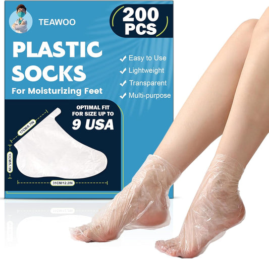 200PCS Plastic Foot Covers for Feet, Leak-Proof Plastic Foot Masks for Moisturizing Feet, Pedicure & Foot Care, 200 Stickers for Snug Closure Included (Fits up to USA 9)
