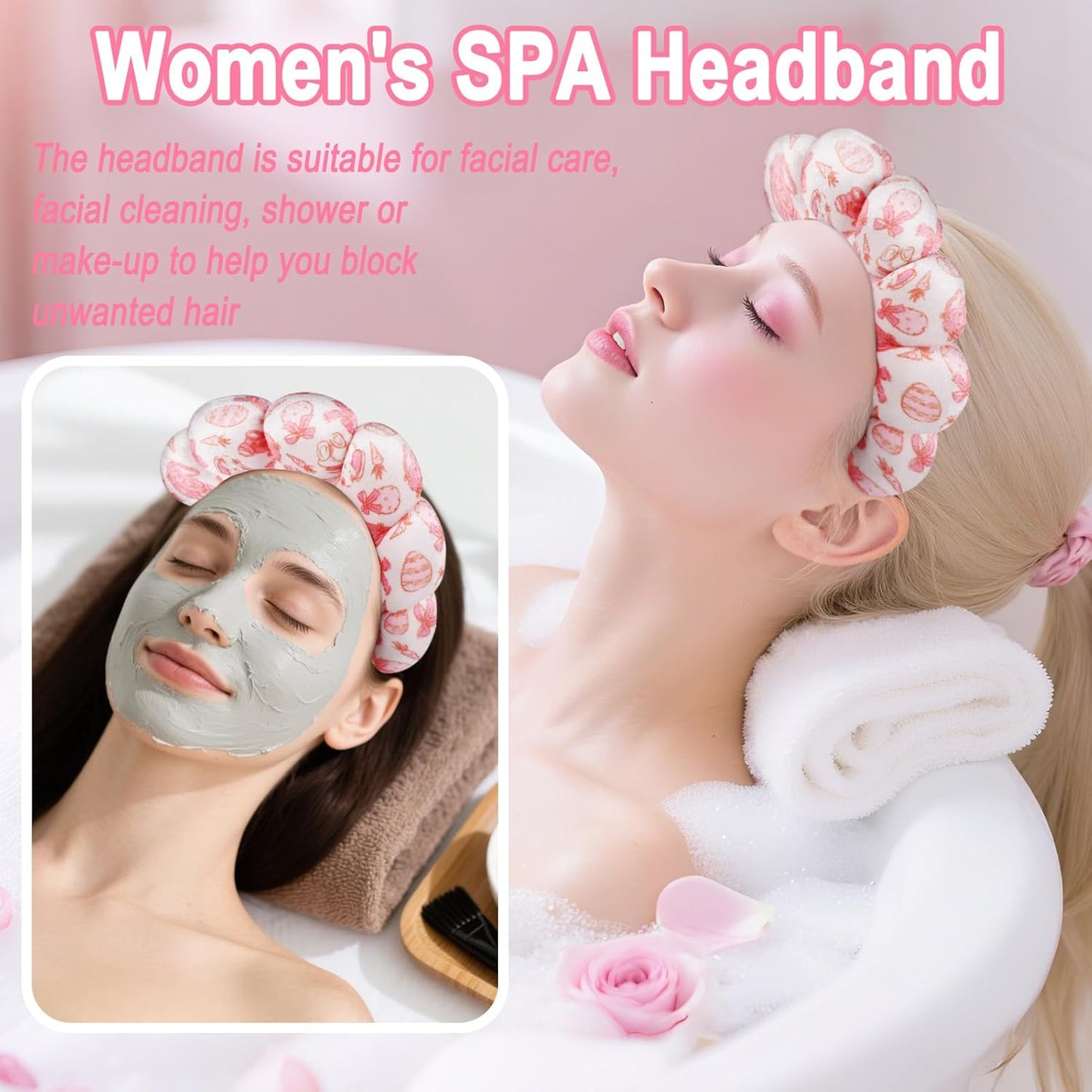 Zkptops Spa Headband for Washing Face Wristband Set Sponge Makeup Skincare Velvet Fabric Bubble Soft Get Ready Hairbands for Women Puffy Headwear Non Slip Thick Thin Hair Accessory(Pink Bow)