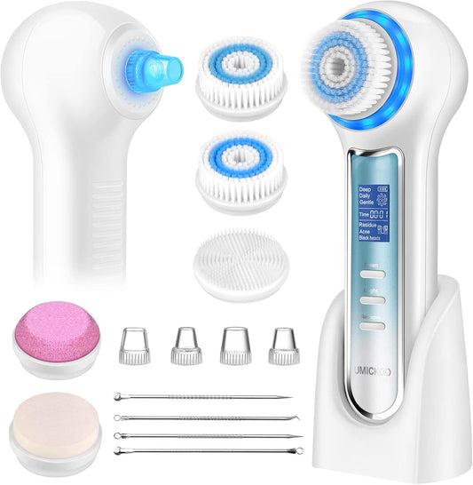 Face Scrubber Exfoliator,Facial Cleansing Brush Waterproof with LCD Screen,Blackhead Remover Vacuum with 5 Brush Heads,Face Spin Brush for Exfoliating (White-Blue)