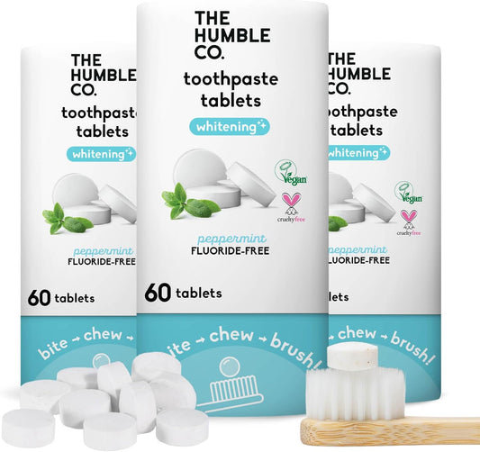 The Humble Co. Whitening Toothpaste Tablets – Fluoride Free Toothpaste Whitening Tablets, Dentist Developed Formula, Vegan, SLS Free, Plastic Free (Peppermint, 2 PK)