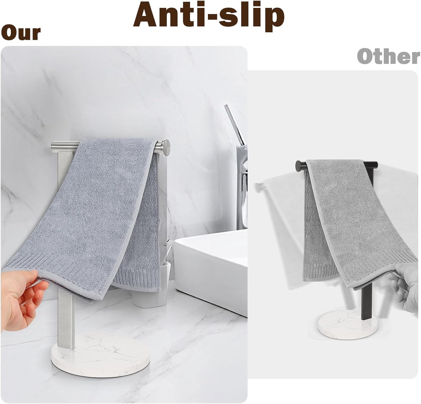 Hand Towel Holder Stand for Bathroom, L- Shaped Standing Hand Towel Rack, Towel Bar Kitchen Vanity Countertop Organizer, SUS304 Stainless Steel Material (Marble Base, Brushed Nickel)