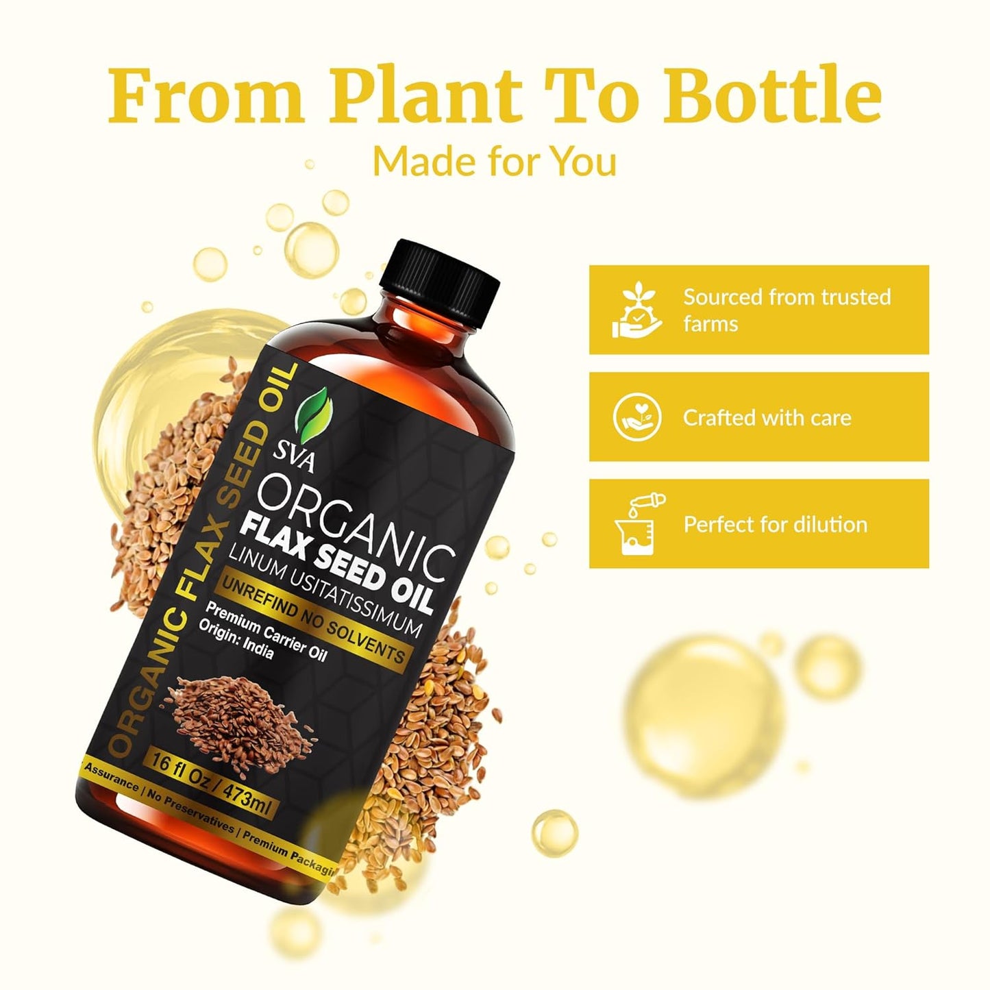 SVA Flax Seed Oil Organic - 16 Fl Oz – 100% Natural Cold Pressed Organic Flax Seed Oil - for Face, Skin Care, Hair Care, Scalp Massage & Body Massage – Carrier Oil