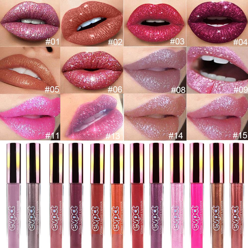 evpct 1Pcs Nude Gold Glitter Metallic Shimmer Diamond Lipstick Lip Gloss Stain Set for Women Long Lasting Waterproof, Nude Brown Sparkle Glitter Matte long Wear Liquid Lipstick Lip Makeup Kit, 14#