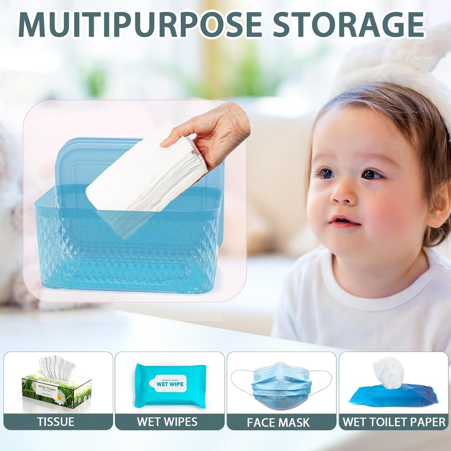 Wipes Dispenser, One-Handed Operation Wipe Holder for Baby & Adult, Seal-Designed Wipes Container for Bathroom Keep Diaper Wipes Fresh (Blue)