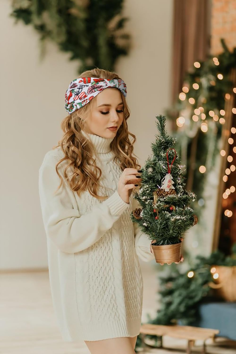 Huachi Christmas Headbands for Women Cute Knotted Head Bands Girls Hair Accessories Red Green Hairbands Fashion Snow Funny Hairwear Holiday Gifts (Pack of 4)