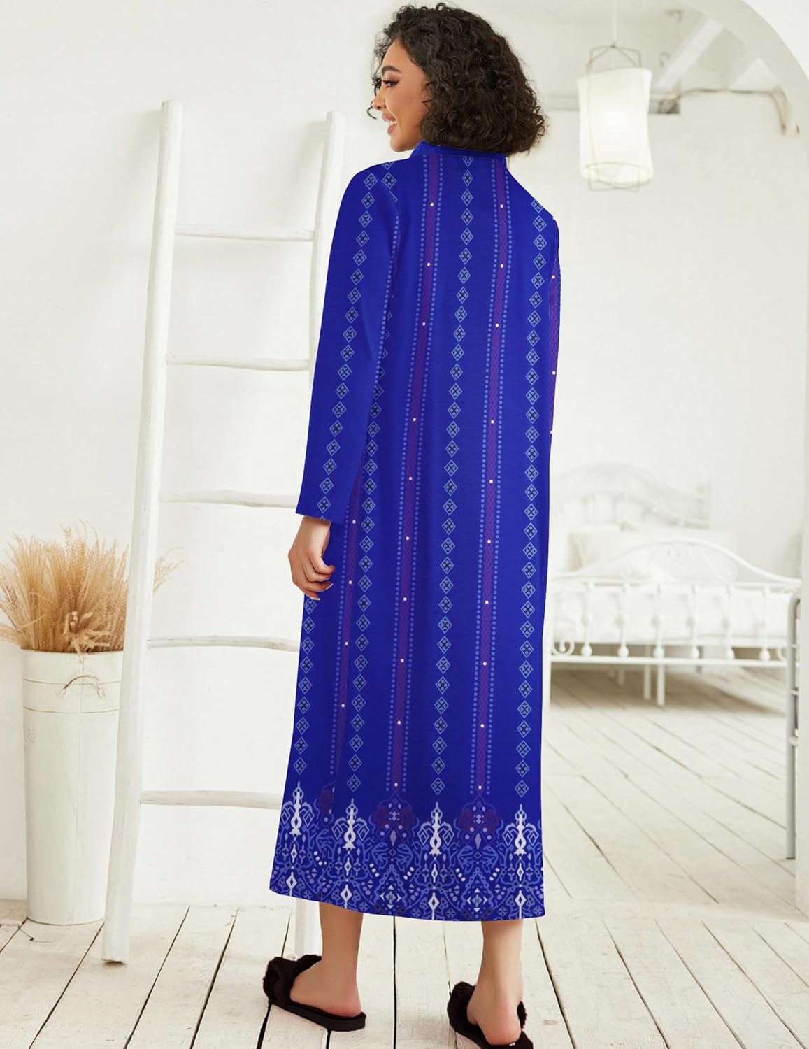 Ekouaer Women Zipper Robe Long Sleeve Loungewear Lightweight Housecoat Full Length Nightgown with Pockets