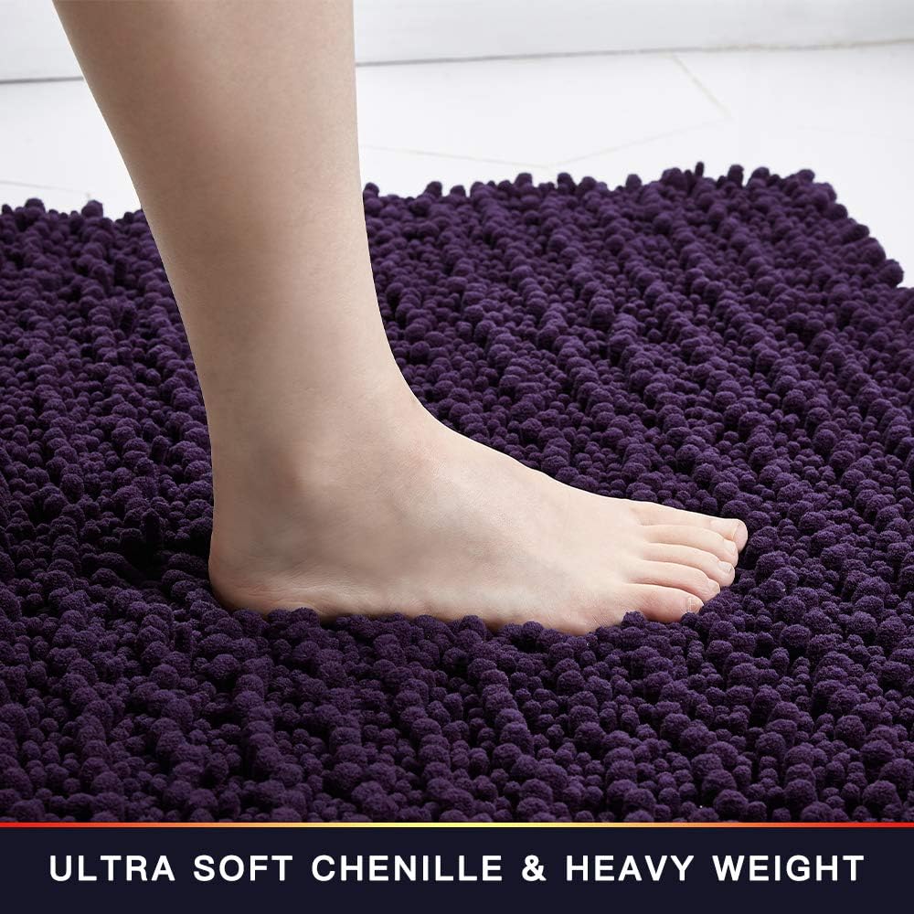 Walensee Bathroom Rug 2 Pieces Set Non Slip Bath Mat (17x24 Plus 20x32 Inch Dark Purple) Water Absorbent Super Soft Shaggy Chenille Machine Washable Dry Extra Thick Perfect Carpet for Shower Floor