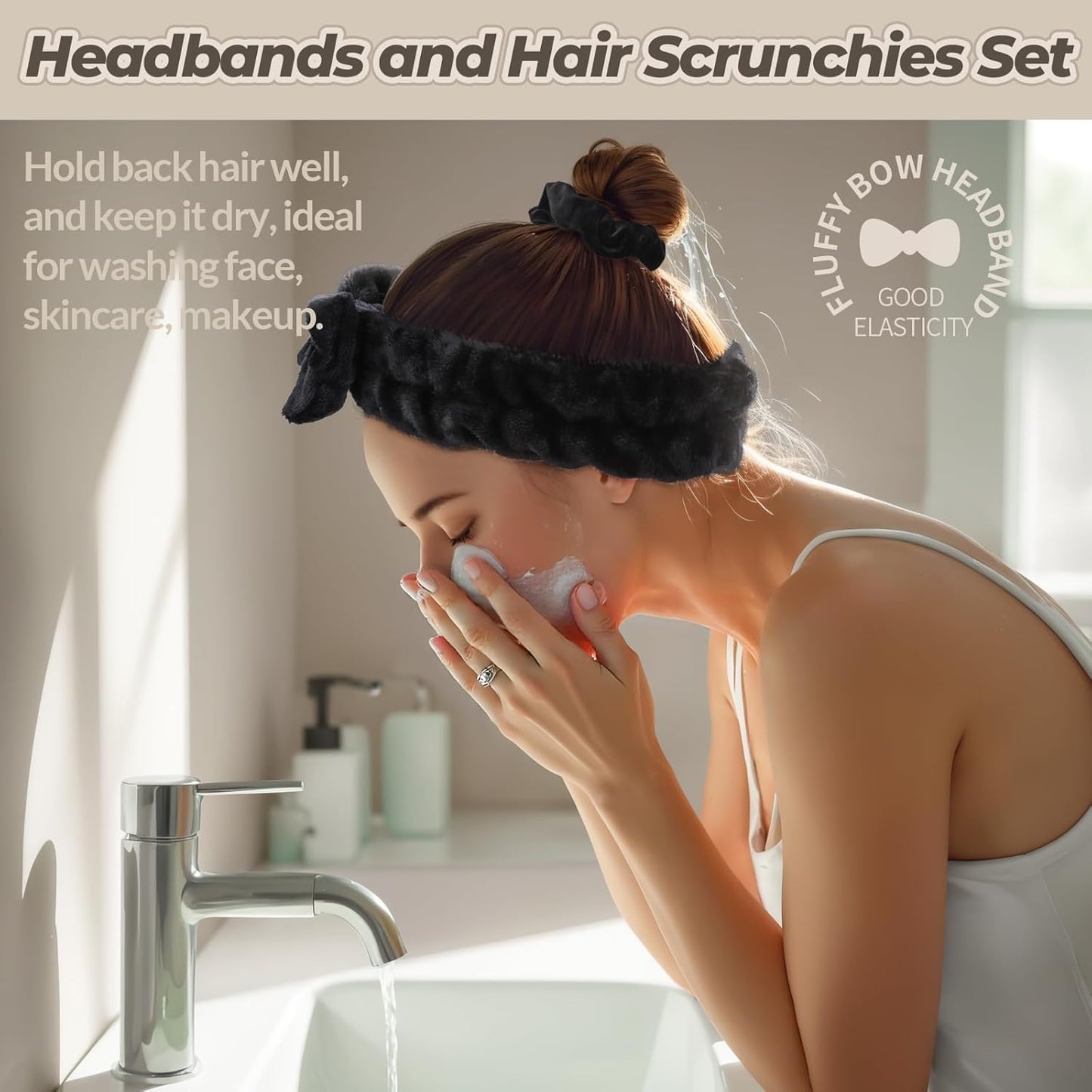 LEOBRO Spa Headband for Skin Care and Makeup, Women Teen Girls Headband for Washing Face, with Hair Scrunchies, Black & White & Gray