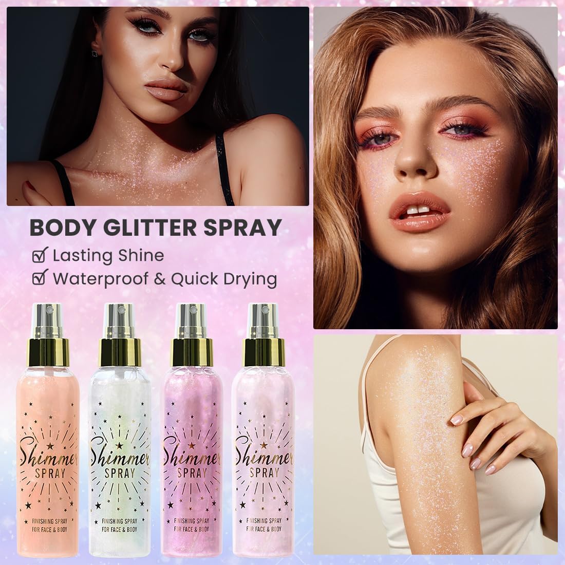 Glitter Spray for Hair and Body, Glitter Body Spray, Glitter Spray for Clothes, Quick-Drying Waterproofing Body Shimmer Suitable for Festival Rave 3.72fl Oz (Pink, 3.72 fl oz)