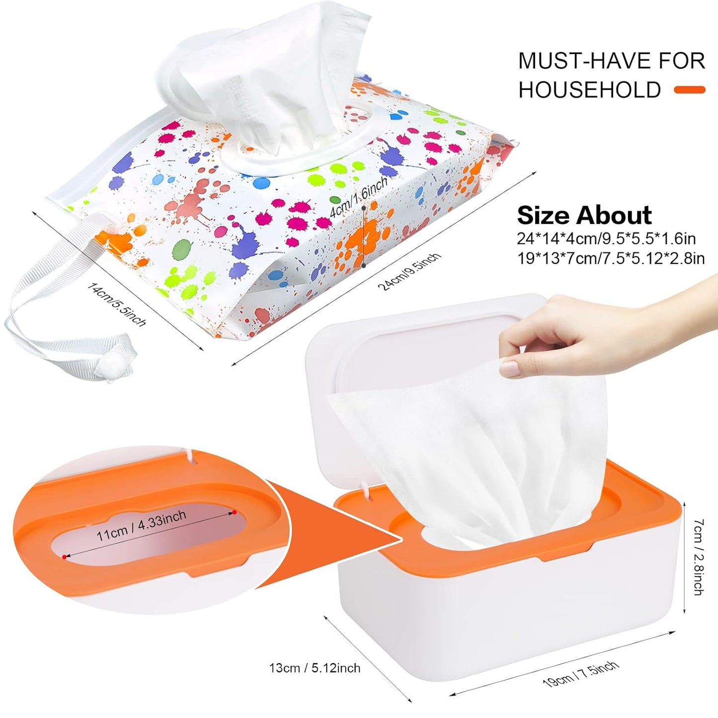 8Pcs Baby Wipes Dispenser, Reusable Baby Wipe Holder Box and Portable Wet Wipes Pouch, Refillable Wipes Pouch Case Container with Lid for Bathroom Baby Nursery Kitchen Office Travel (Grey+Orange)