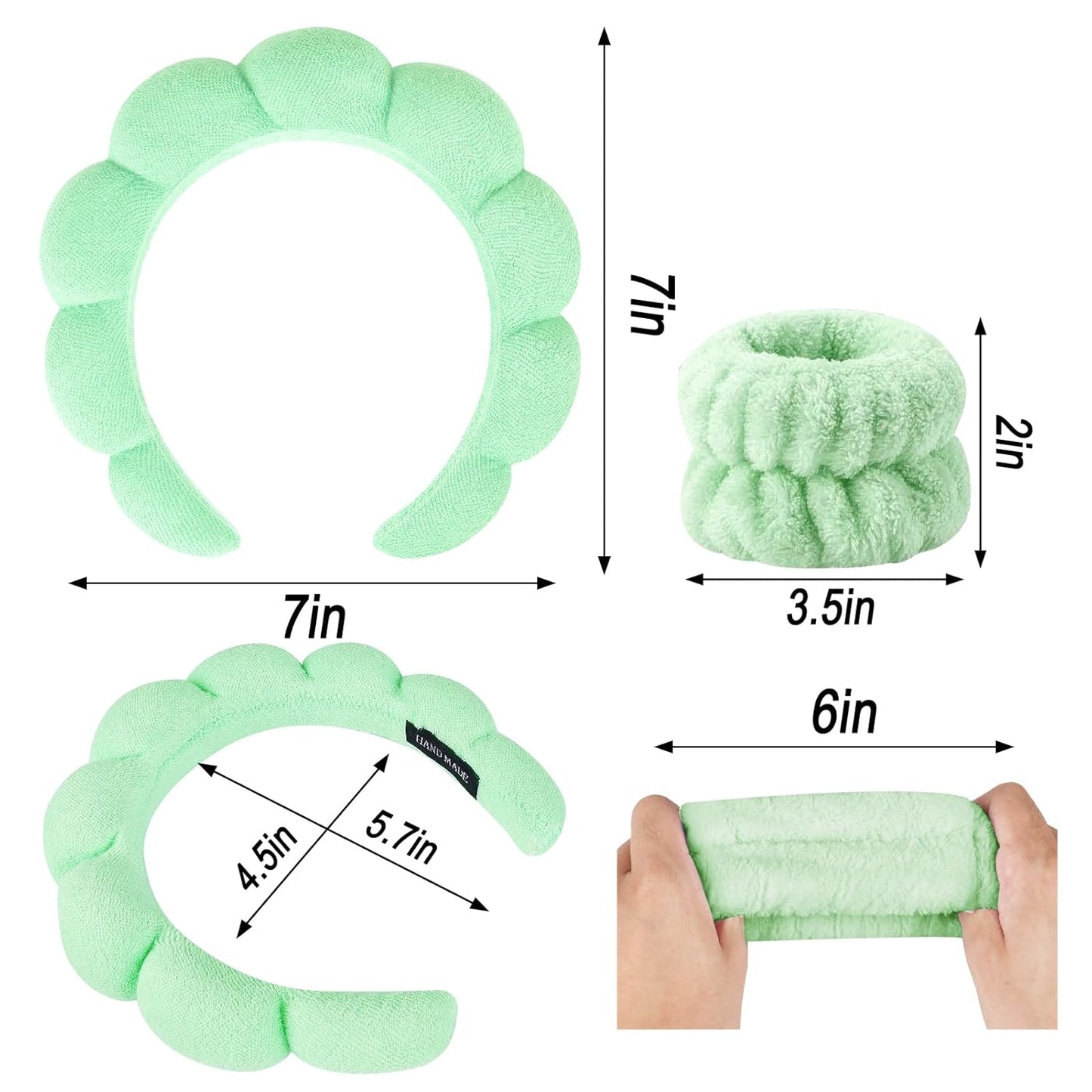 Zkptops Spa Headband for Washing Face Wristband Set Sponge Makeup Skincare Terry Cloth Bubble Soft Get Ready Hairband for Women Girl Puffy Padded Headwear Non Slip Thick Hair Accessory(Light Green)