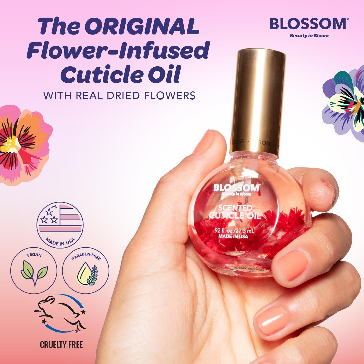 Blossom Cuticle Oil for Nails, Hydrating, Moisturizing, Scented Nail Oil Cuticle Care, Infused with Real Flowers, Made in USA, 0.5 fl. oz, Apple