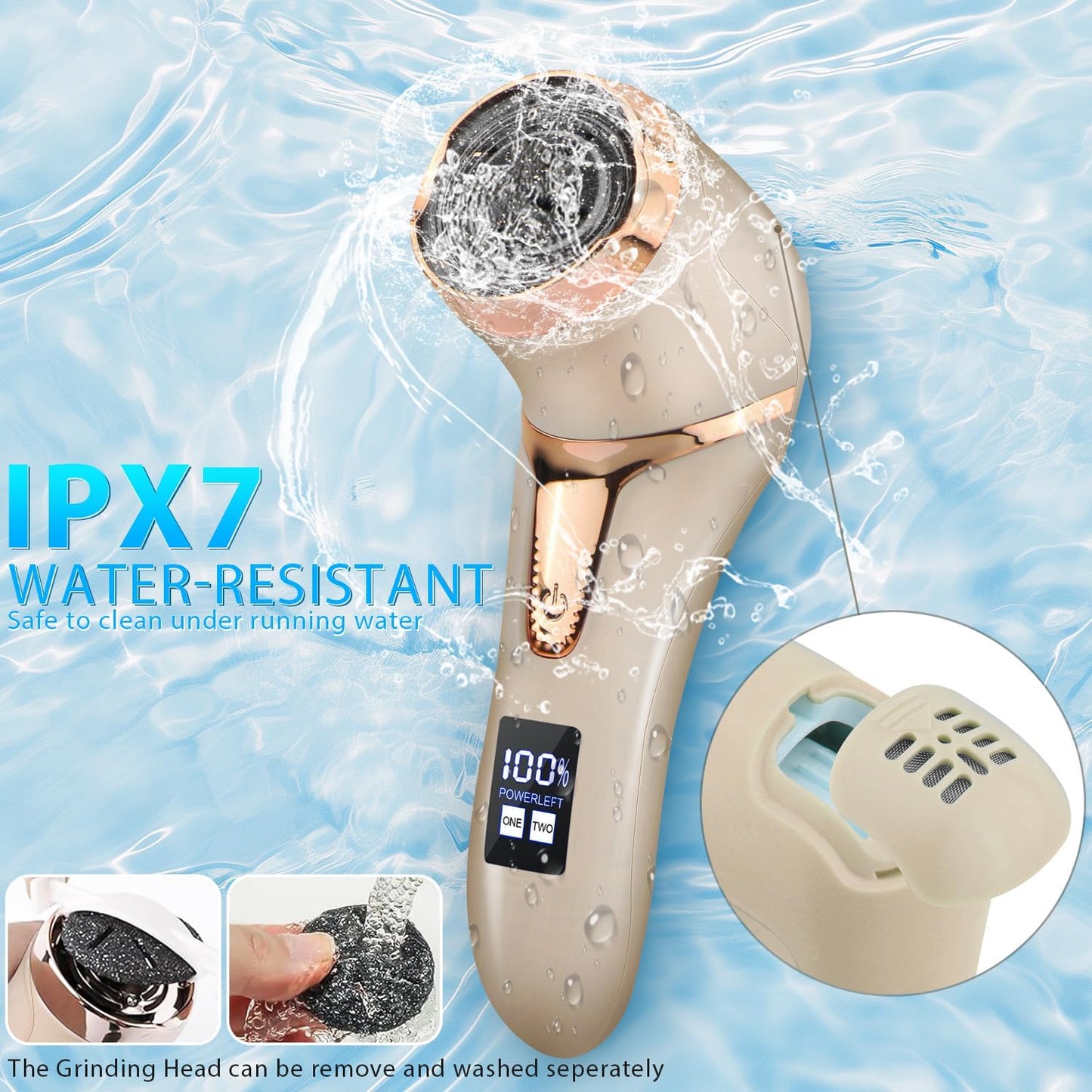 Callus Remover for Feet (with Dander Vacuum), Portable Pedicure Kit Foot File Callus Remover, Rechargeable Waterproof Foot File for Foot Care Deadskin Remover with 3Head&LCD Display, Gold