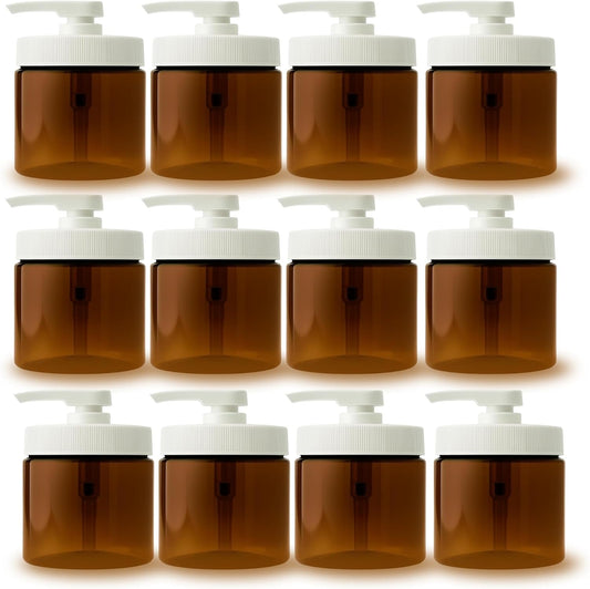 Royal Massage 16oz Refillable Pump Jar with Locking Dip Tube Dispenser – BPA-Free Plastic Container for Massage Oils, Lotions, Creams – Ribbed Lid Wide-Mouth Jar – Durable & Reusable (12, Amber/White)