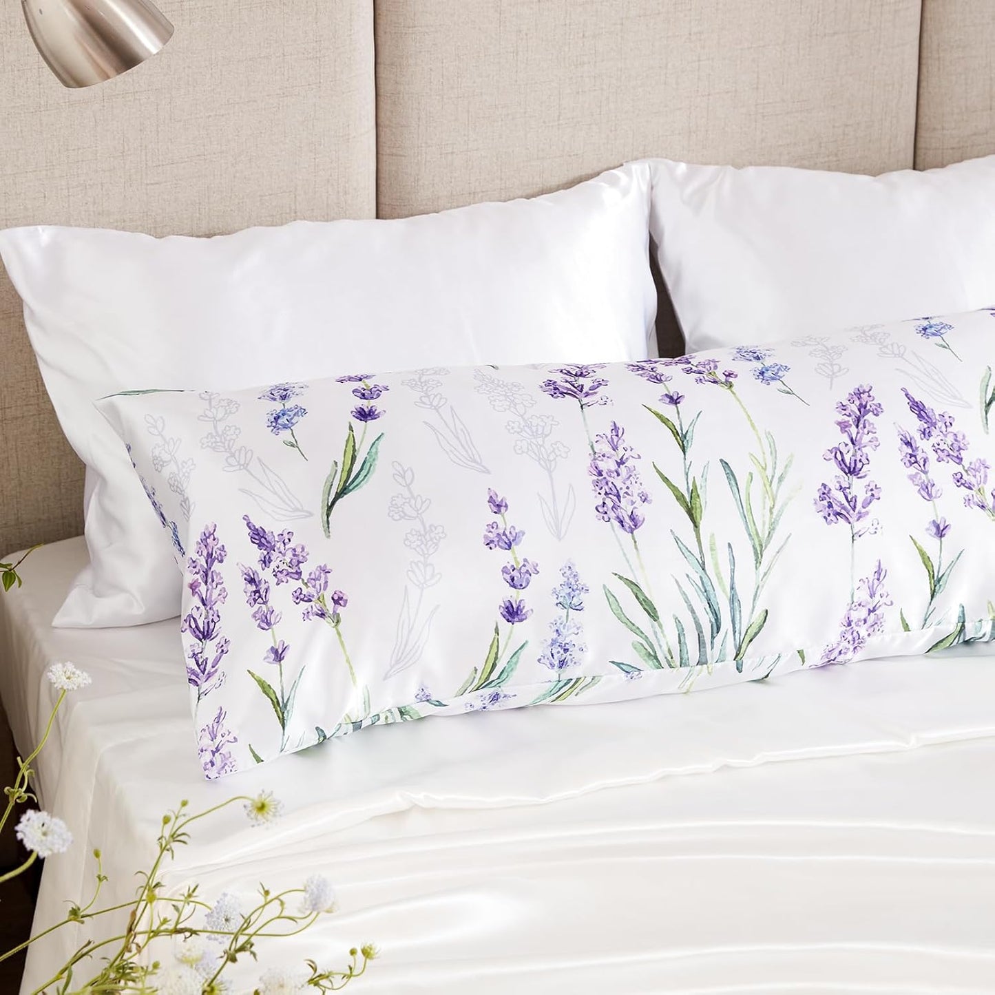 EXQ Home Satin Pillowcase for Hair and Skin Body- Flower Printed Lavender Silk Pillowcase 20x54 inches - Body Pillow Cases with Envelope Closure, Gifts for Women