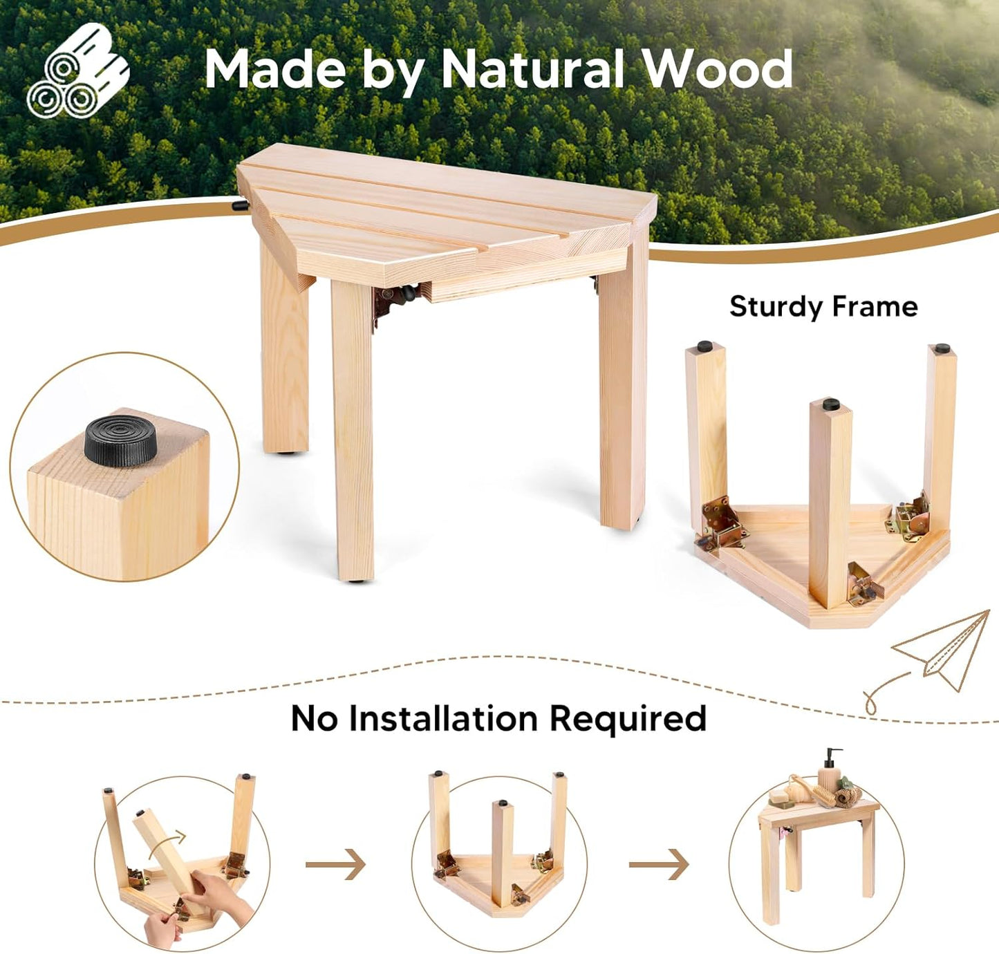 Shower Foot Rest, Wood Shower Stool for Shaving Legs, Corner Shower Stool Bathroom Shower Bench Waterproof Bath Bench Seat with Non-Slip Shower Stool for Inside Shower Bath Seat Spa Foot Rest