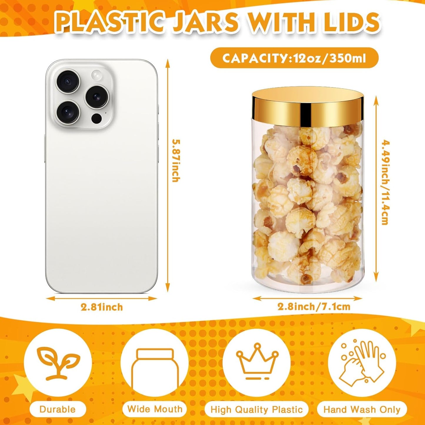 SATINIOR 12 Pack 12 oz Plastic Container Jars with Lids Round Clear Travel Cosmetic Container Slime Jars for Toiletries, Lotion, Cream, Ointments, Makeup, Rhinestone, Samples, Kitchen Storage(Gold)