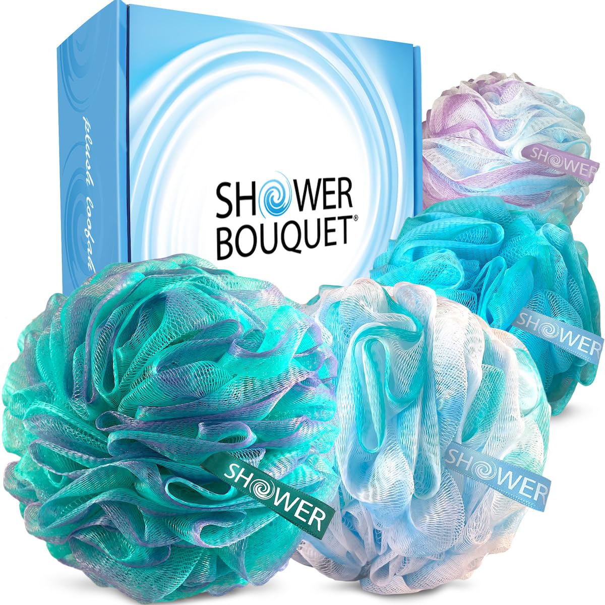 SHOWER BOUQUET Loofah-Bath-Sponge XL Swirl-Mix-Color 4-Pack // Extra-Large 75g Mesh Luffa Loofa Loufa Puff Pouf Set/Exfoliating Body Scrubber for Women and Men - Exfoliate & Soothe Face & Body