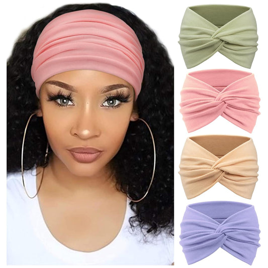 DRESHOW 4 Pack Turban Headbands for Women Wide Vintage Head Wraps Knotted Cute Hair Band Accessories