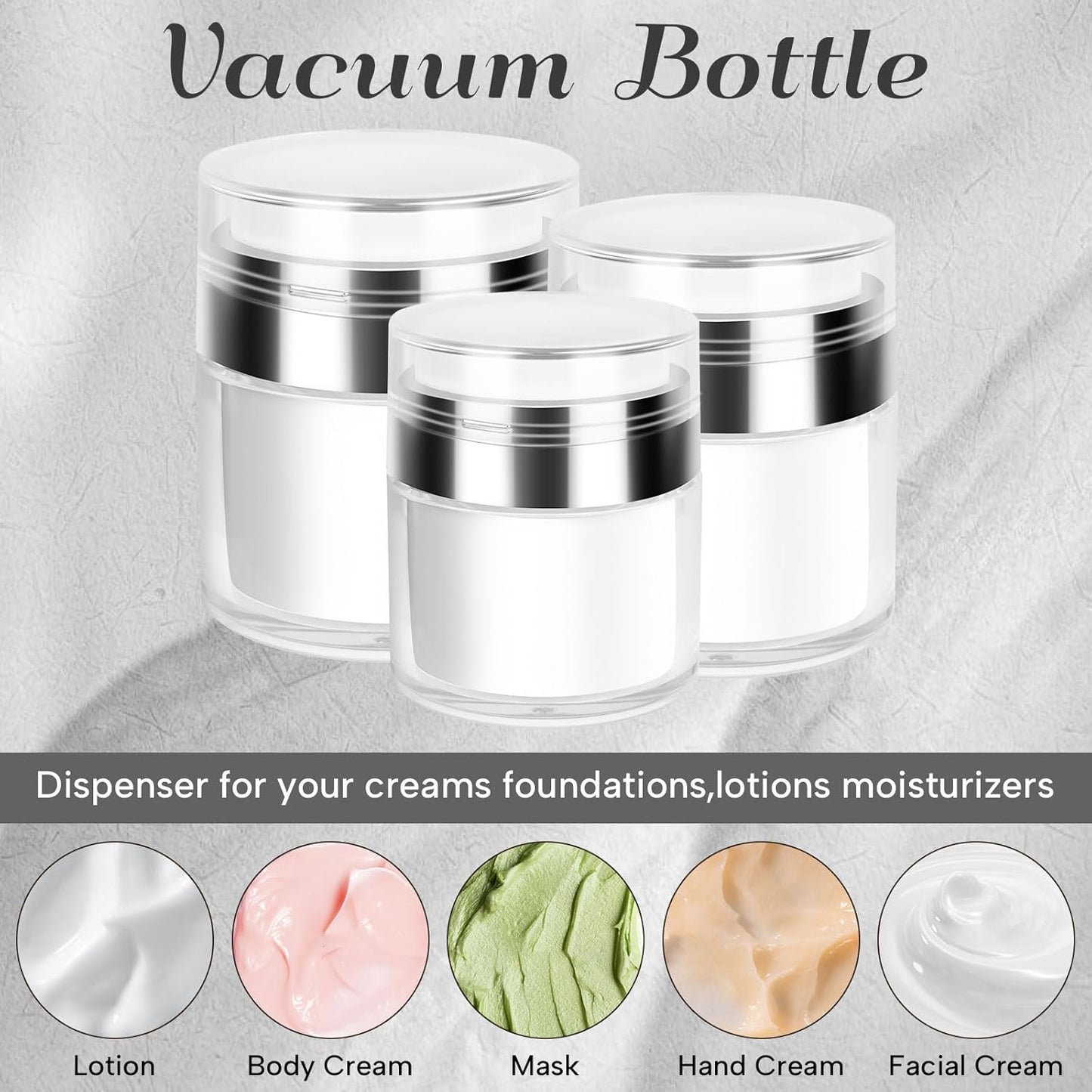 Airless Pump Jars Refillable Cosmetic Moisturizer Pump Botttles Travel Size for Cream, Gels and Lotion with Silicone Spatula (0.5oz+1oz+1.7oz)