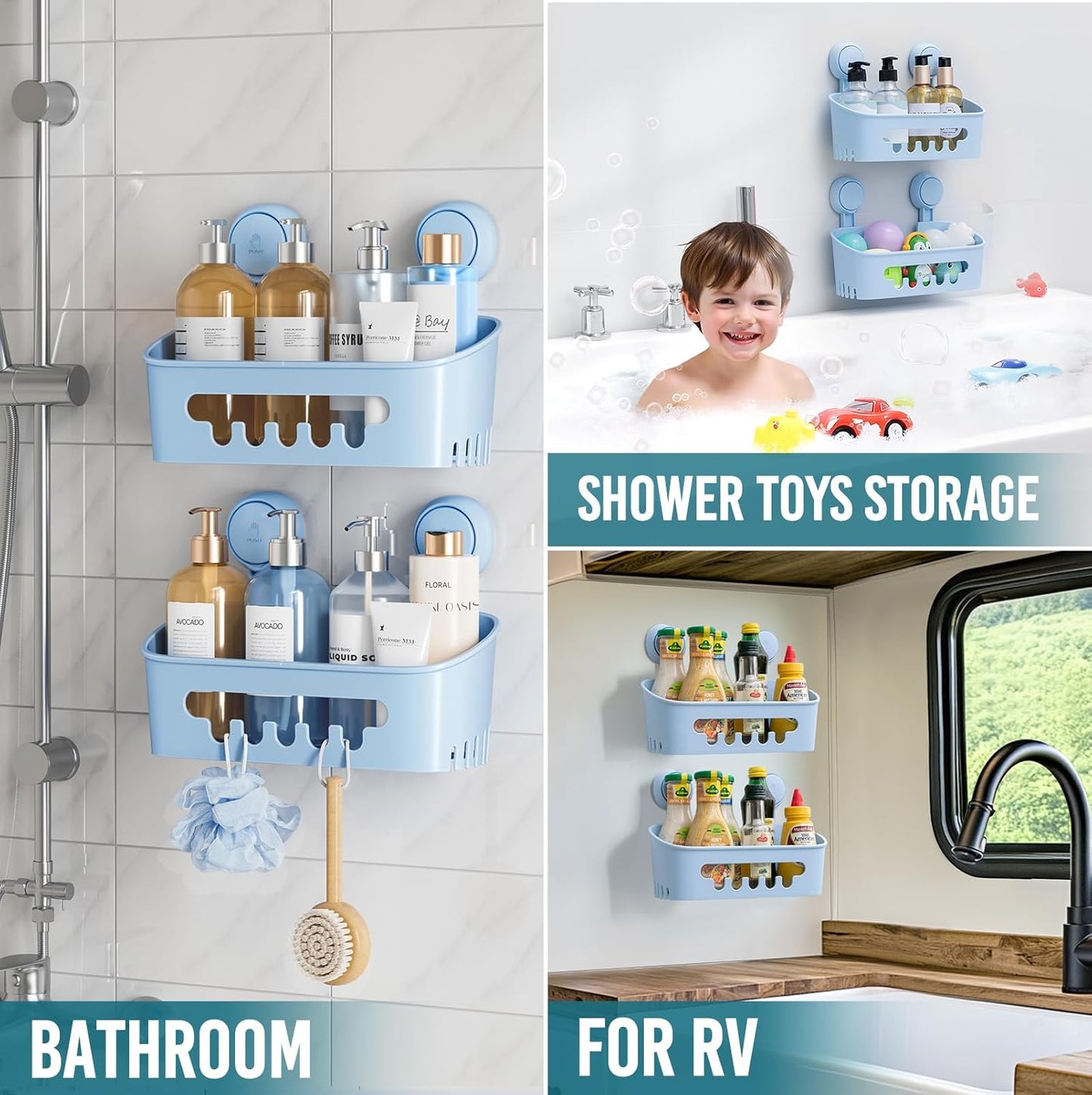 TAILI Shower Caddy Suction Cup 2 Pack, Heavy Duty Bathroom Organizer, Removable Shelves for Inside Shower, Shampoo, Waterproof Suction Plastic Storage for Bathroom Accessories Holder, Blue