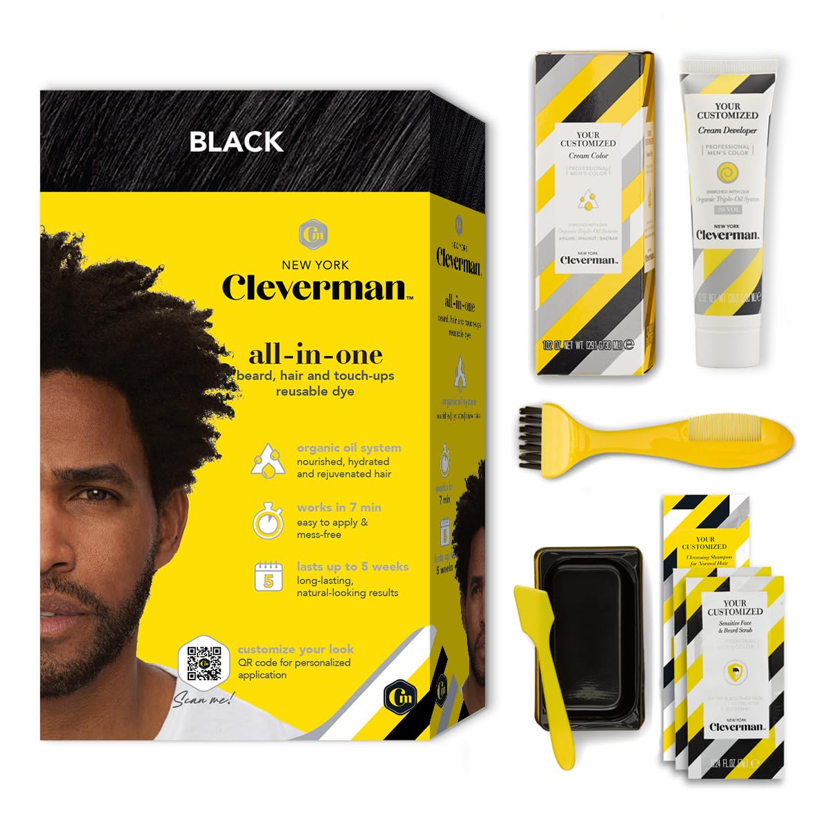 Cleverman Hair & Beard Dye Kit for Men, All-in-One Reusable Mens Hair Color, Natural Gray Coverage, Ammonia-Free Beard Mustache Dye for Men (Black for Black Men)