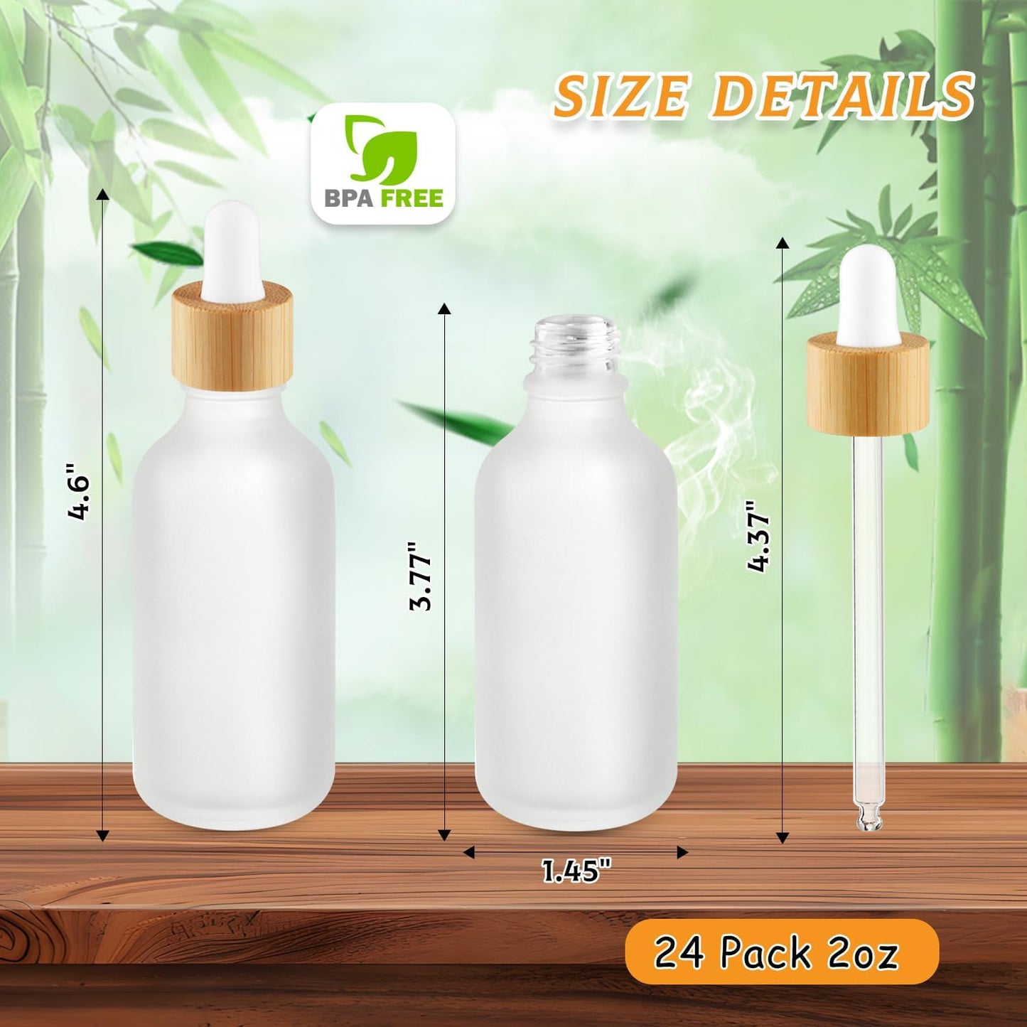 24 Pack 2 oz Frosted Glass Dropper Bottle,Empty Round Boston Travel Bottles With Eye Droppers,Natural Bamboo Dropper Cap for Essential Oils, Tinctures & Perfume,Facial Serums,Massage Oils