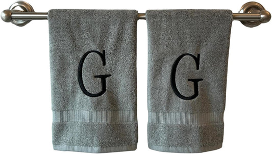 Gray Initial Hand Towel for Bathroom - Monogrammed Luxury Hotel Quality Decorative Embroidered Towel for Powder Room, Spa - GOTS Organic Certified - Set of 2 Black Letter G