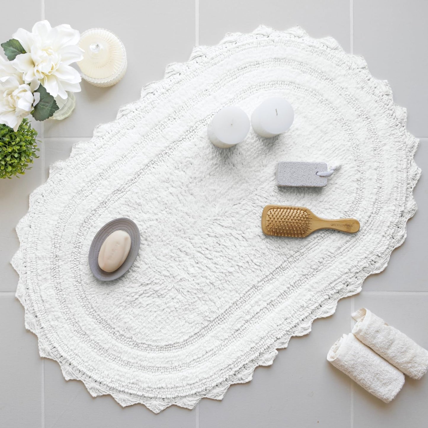 RAJRANG White Cotton Bathroom Rug Oval 21x34 Inch – Reversible Crochet Bath Mat for Bathroom, Entryway or Kitchen – Soft & Washable