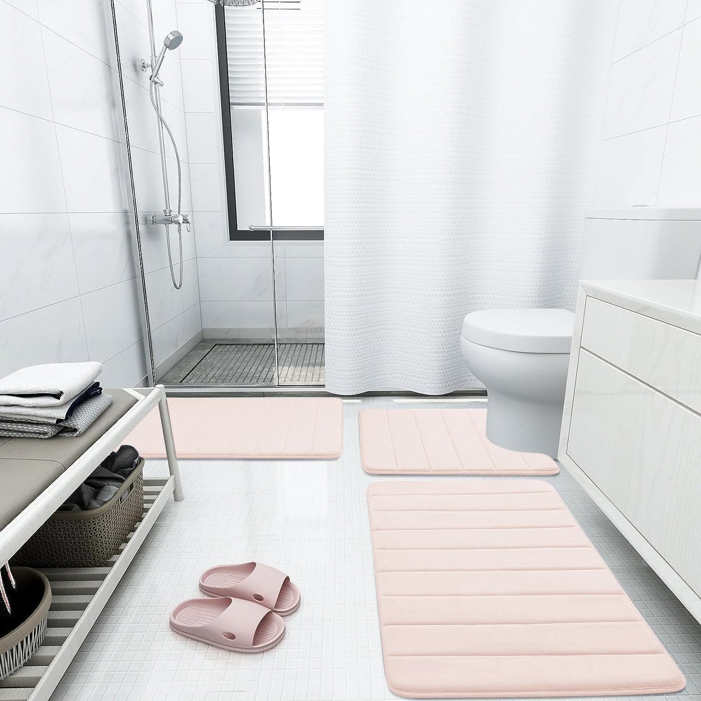 Buganda Memory Foam Bath Mat, 47" x 20", Ultra Soft and Non-Slip Bathroom Rugs, Water Absorbent and Machine Washable Bath Rug Runner for Bathroom, Shower, and Tub, Pink