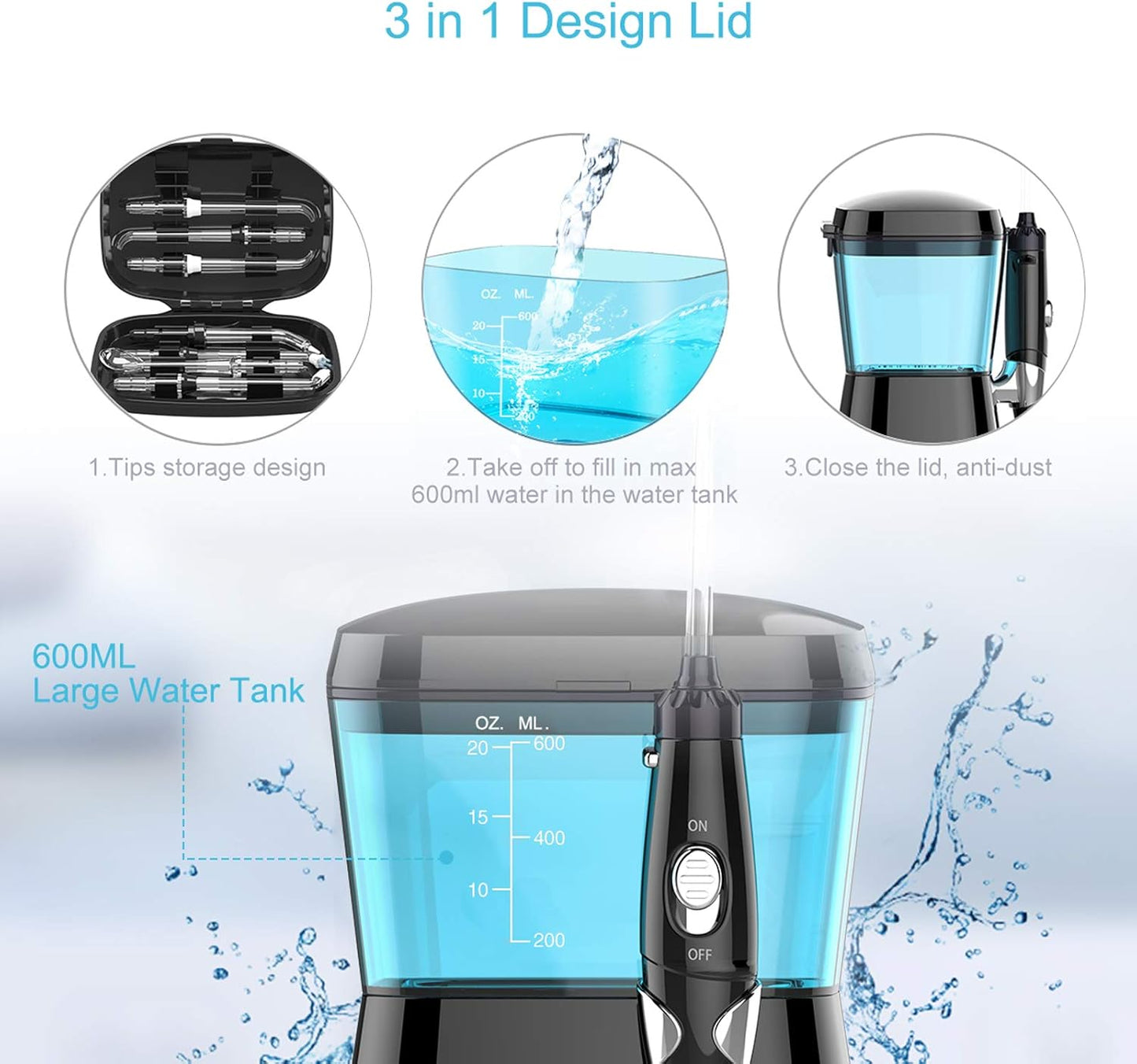 TUREWELL Water Flossing Oral Irrigator, 600ML Dental Teeth Cleaner 10 Adjustable Pressure, Electric Oral Flosser for Braces, 8 Replacement Jet Tips for Family (Black)
